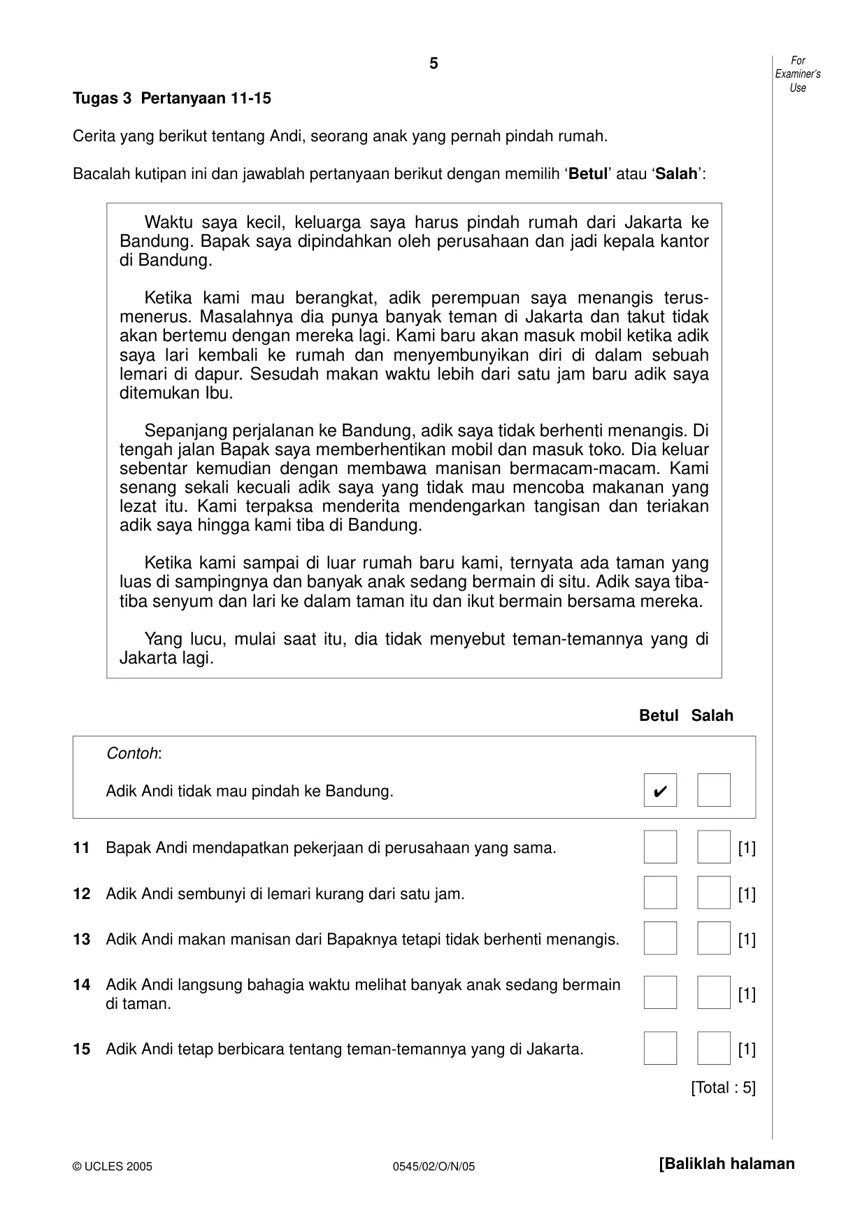 Cambridge IGCSE Indonesian - Foreign Language 0545 2005 Oct/Nov Paper 2 · Variant 1 question paper, page 5 of 16