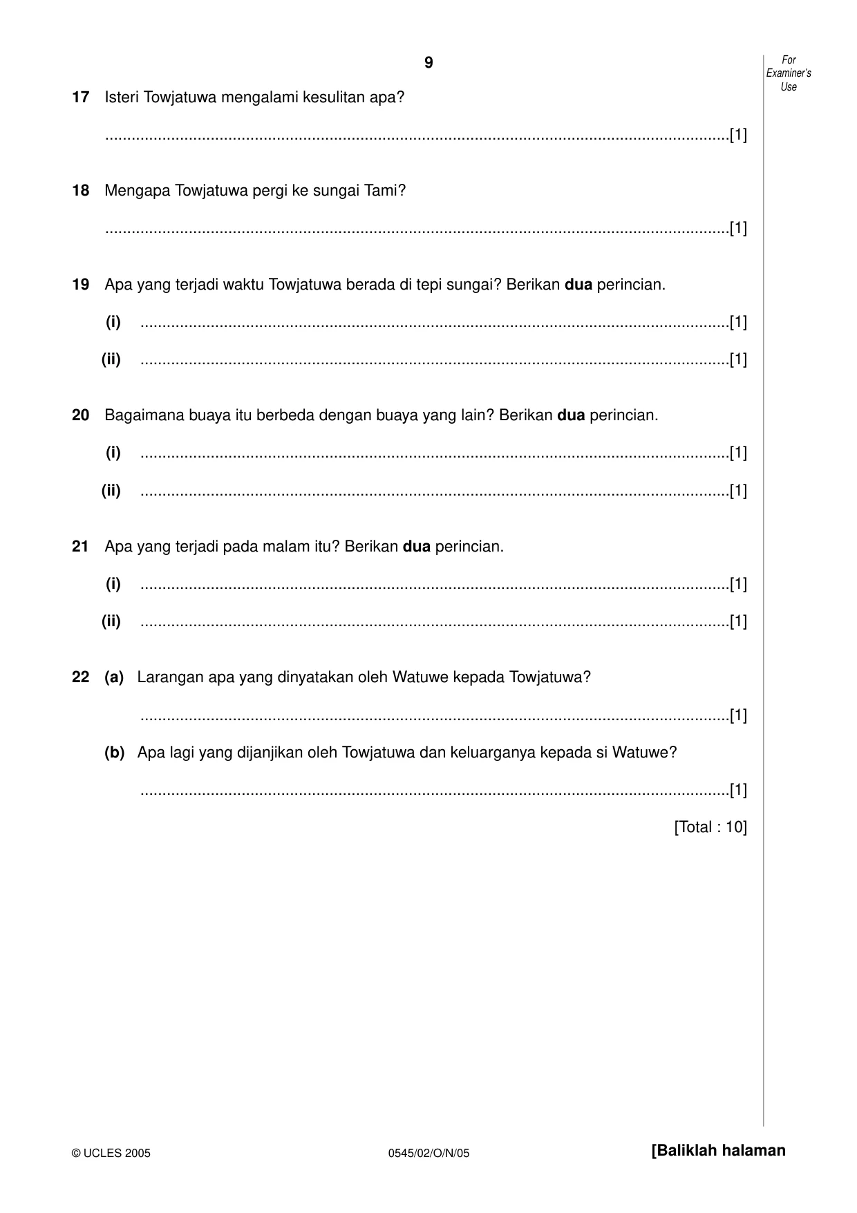 Cambridge IGCSE Indonesian - Foreign Language 0545 2005 Oct/Nov Paper 2 · Variant 1 question paper, page 9 of 16