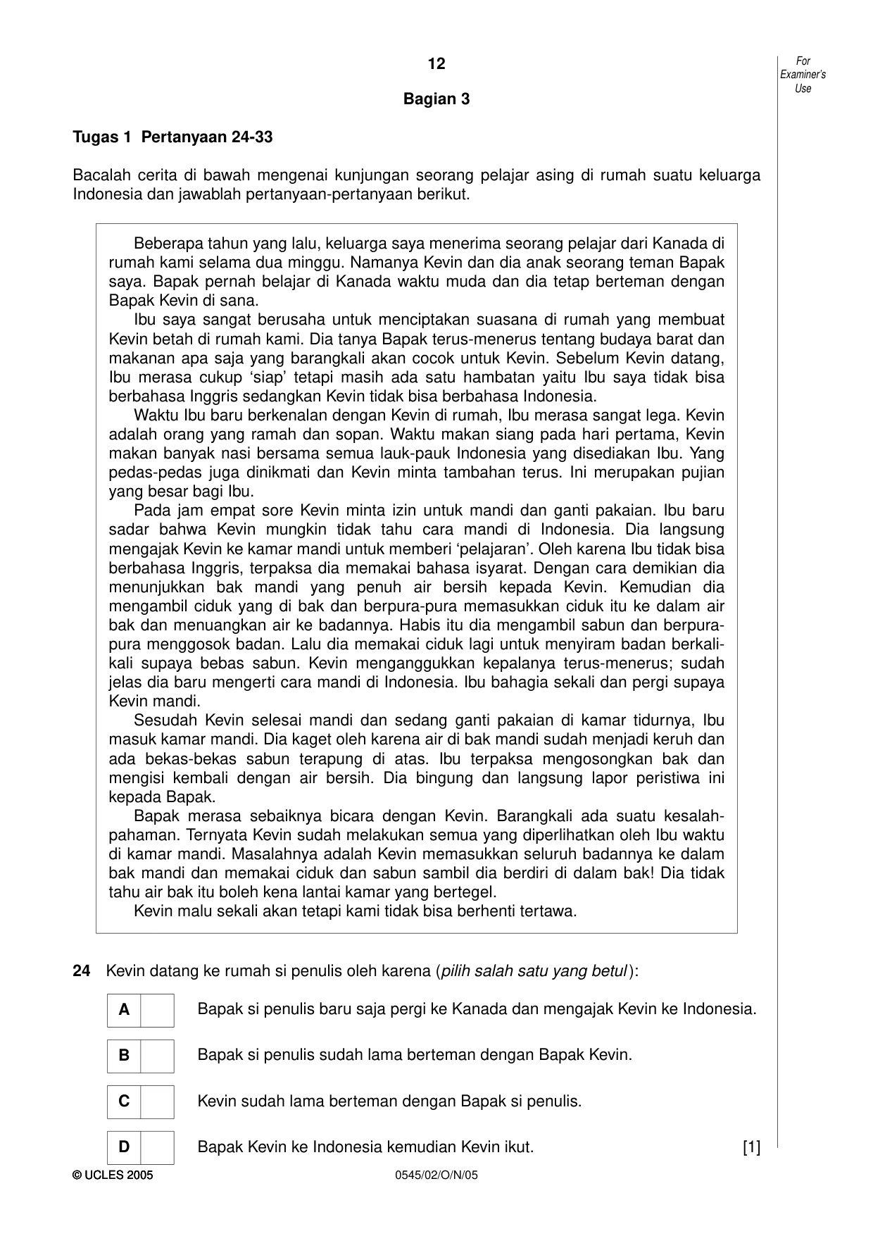 Cambridge IGCSE Indonesian - Foreign Language 0545 2005 Oct/Nov Paper 2 · Variant 1 question paper, page 12 of 16