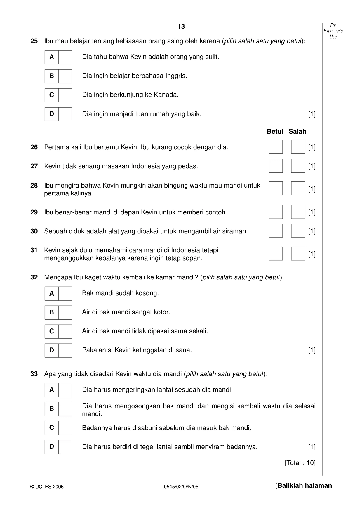 Cambridge IGCSE Indonesian - Foreign Language 0545 2005 Oct/Nov Paper 2 · Variant 1 question paper, page 13 of 16