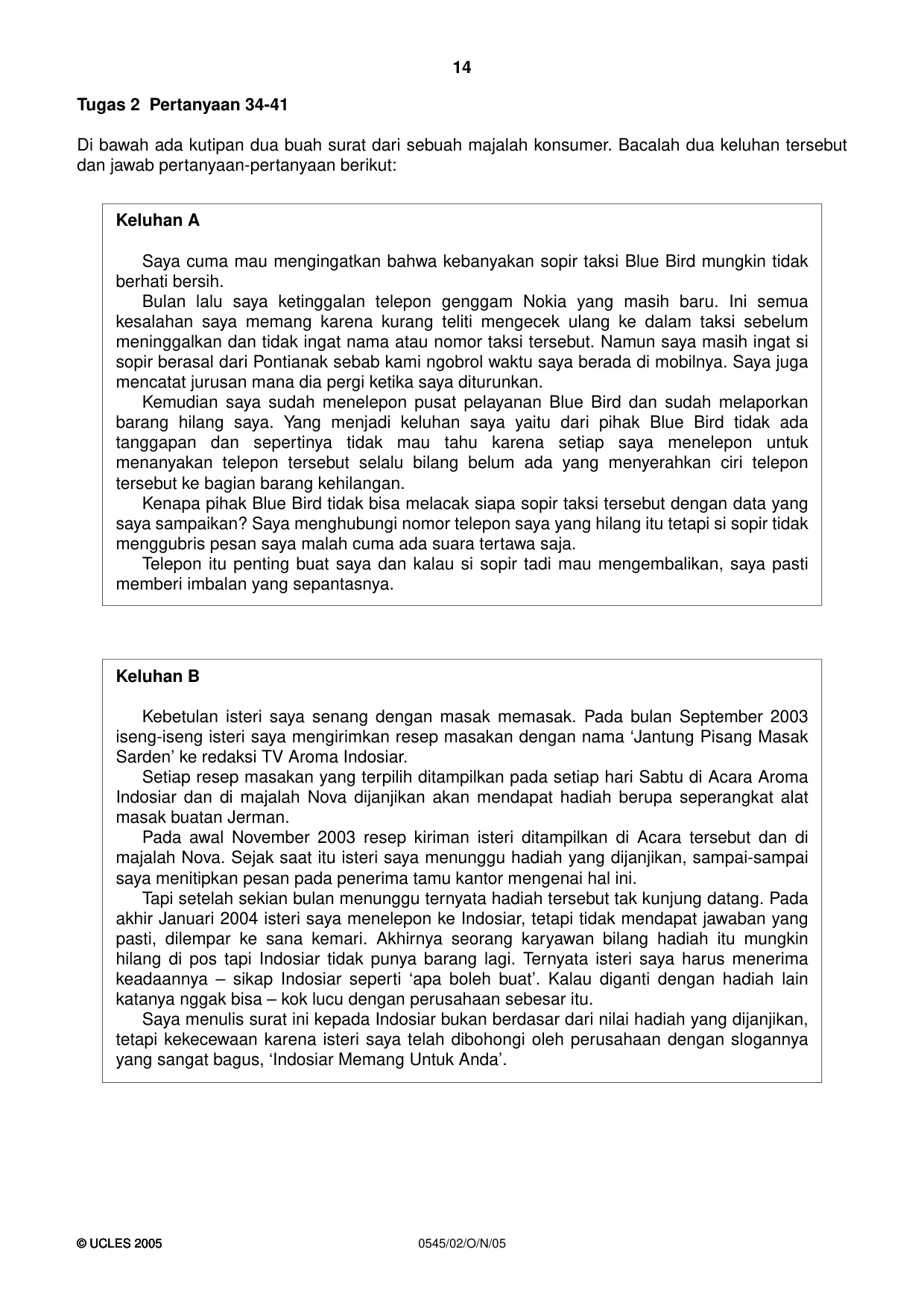 Cambridge IGCSE Indonesian - Foreign Language 0545 2005 Oct/Nov Paper 2 · Variant 1 question paper, page 14 of 16