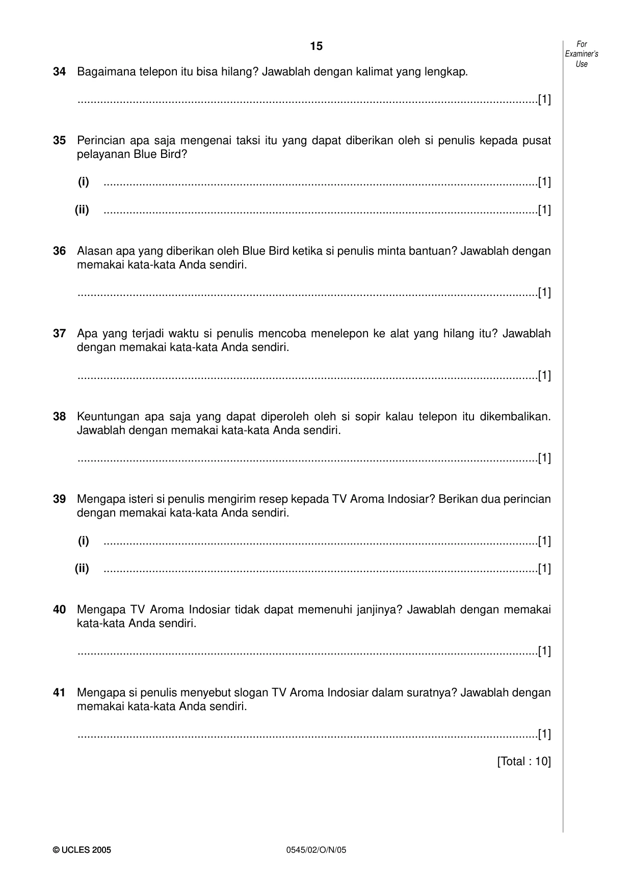 Cambridge IGCSE Indonesian - Foreign Language 0545 2005 Oct/Nov Paper 2 · Variant 1 question paper, page 15 of 16