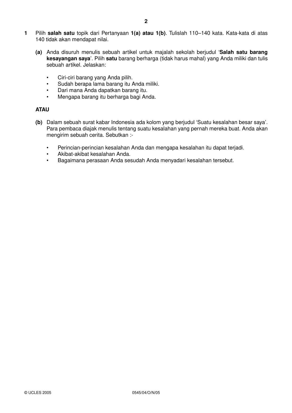 Cambridge IGCSE Indonesian - Foreign Language 0545 2005 Oct/Nov Paper 4 · Variant 1 question paper, page 2 of 4