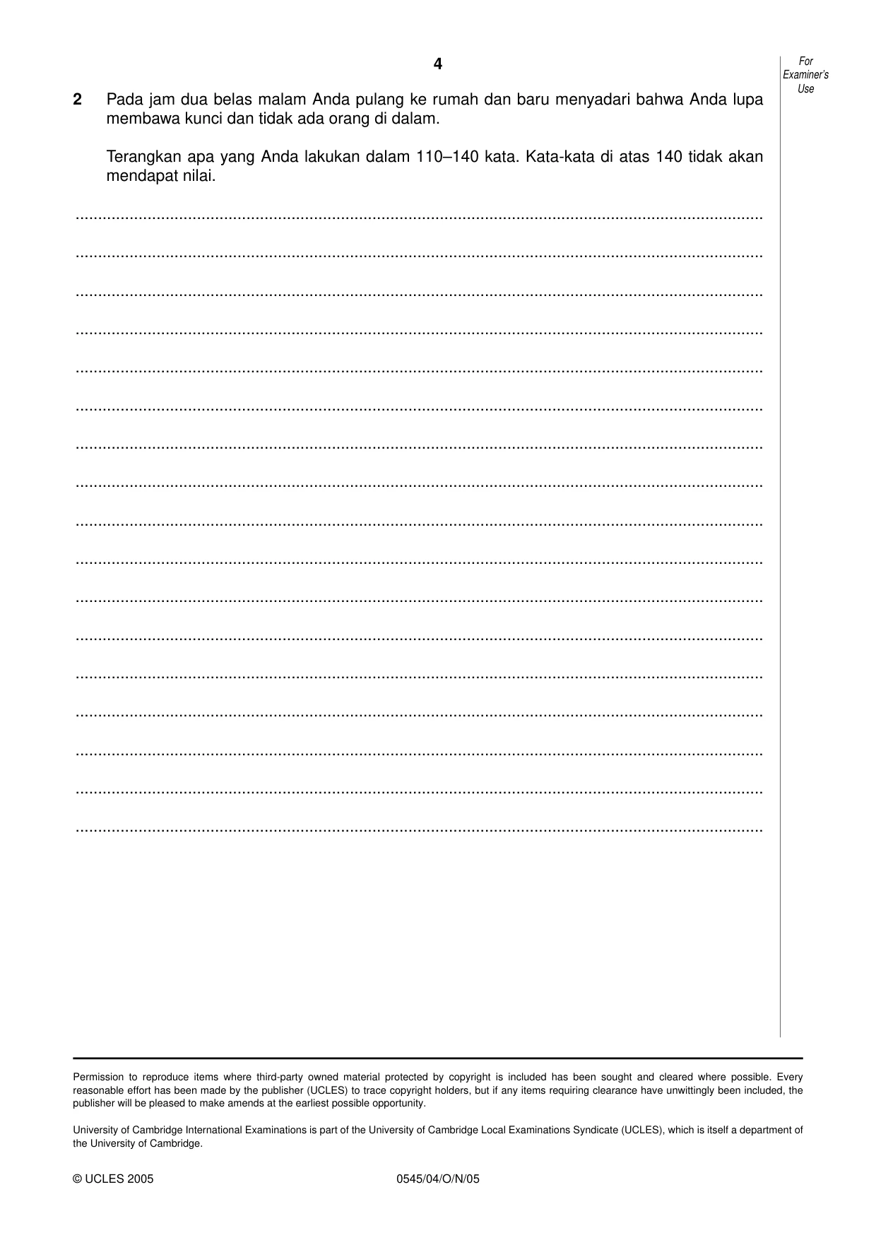 Cambridge IGCSE Indonesian - Foreign Language 0545 2005 Oct/Nov Paper 4 · Variant 1 question paper, page 4 of 4