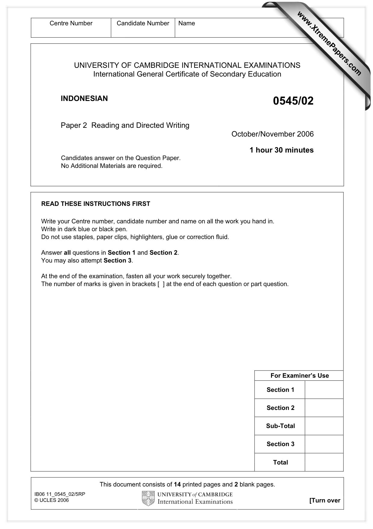 Cambridge IGCSE Indonesian - Foreign Language 0545 2006 Oct/Nov Paper 2 · Variant 1 question paper, page 1 of 16