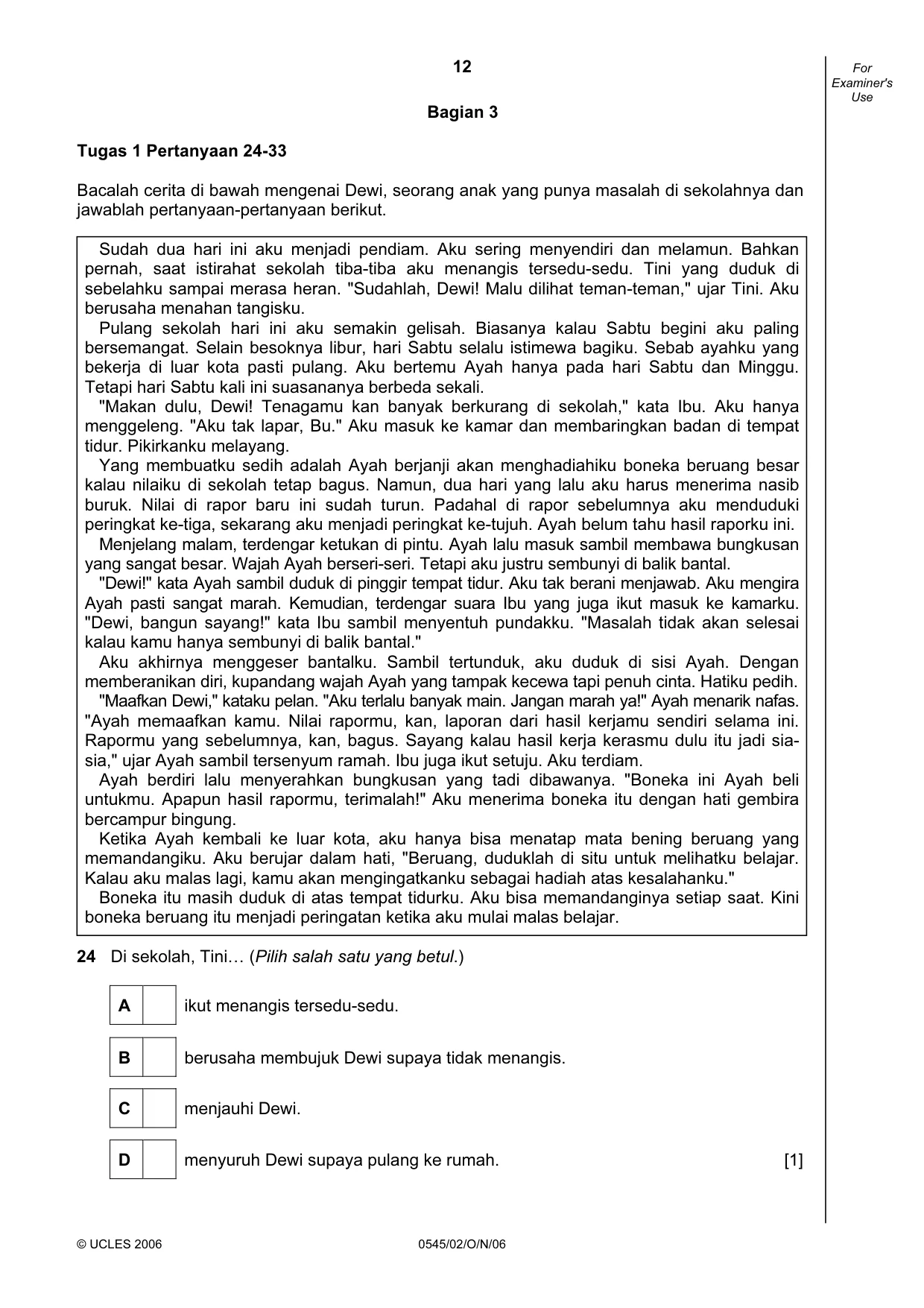 Cambridge IGCSE Indonesian - Foreign Language 0545 2006 Oct/Nov Paper 2 · Variant 1 question paper, page 12 of 16