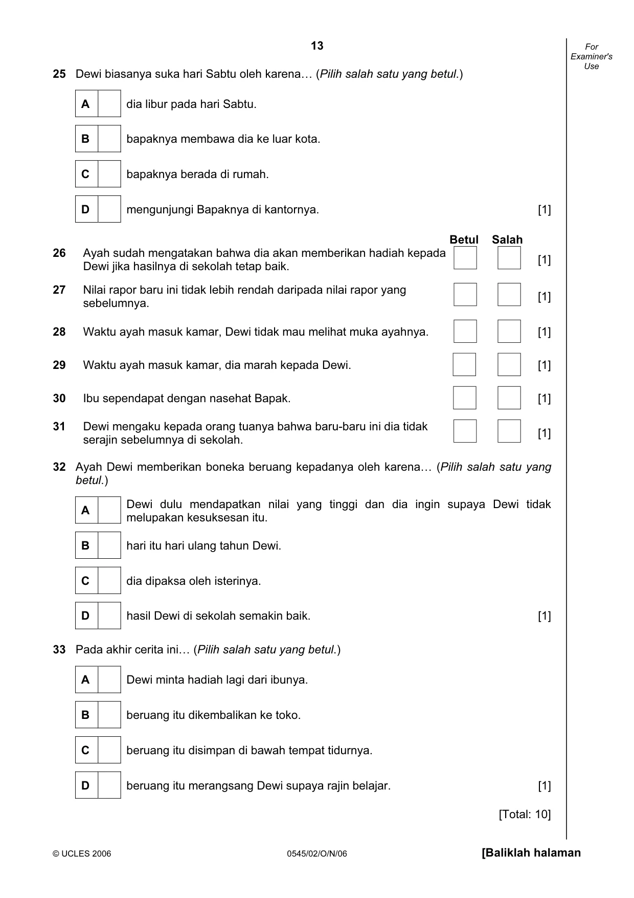 Cambridge IGCSE Indonesian - Foreign Language 0545 2006 Oct/Nov Paper 2 · Variant 1 question paper, page 13 of 16