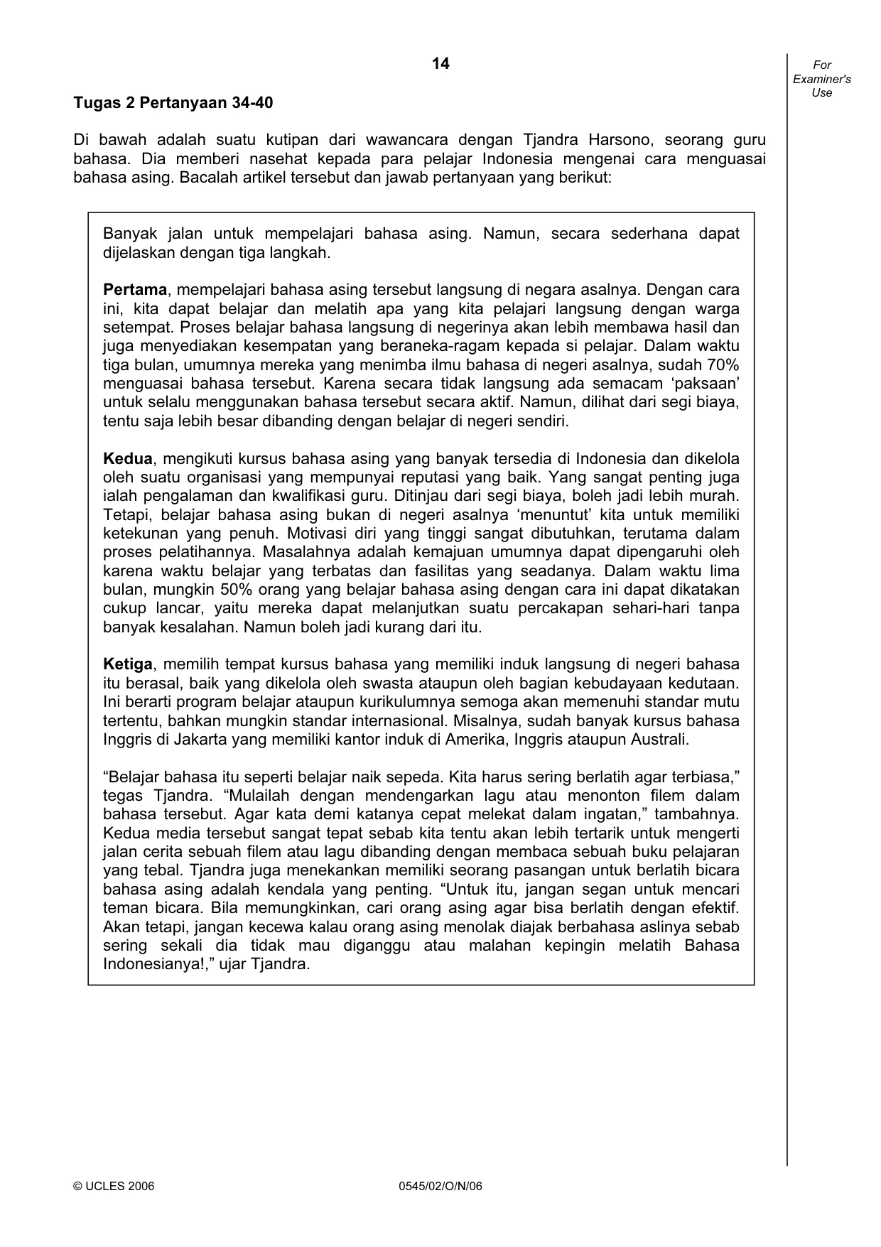 Cambridge IGCSE Indonesian - Foreign Language 0545 2006 Oct/Nov Paper 2 · Variant 1 question paper, page 14 of 16