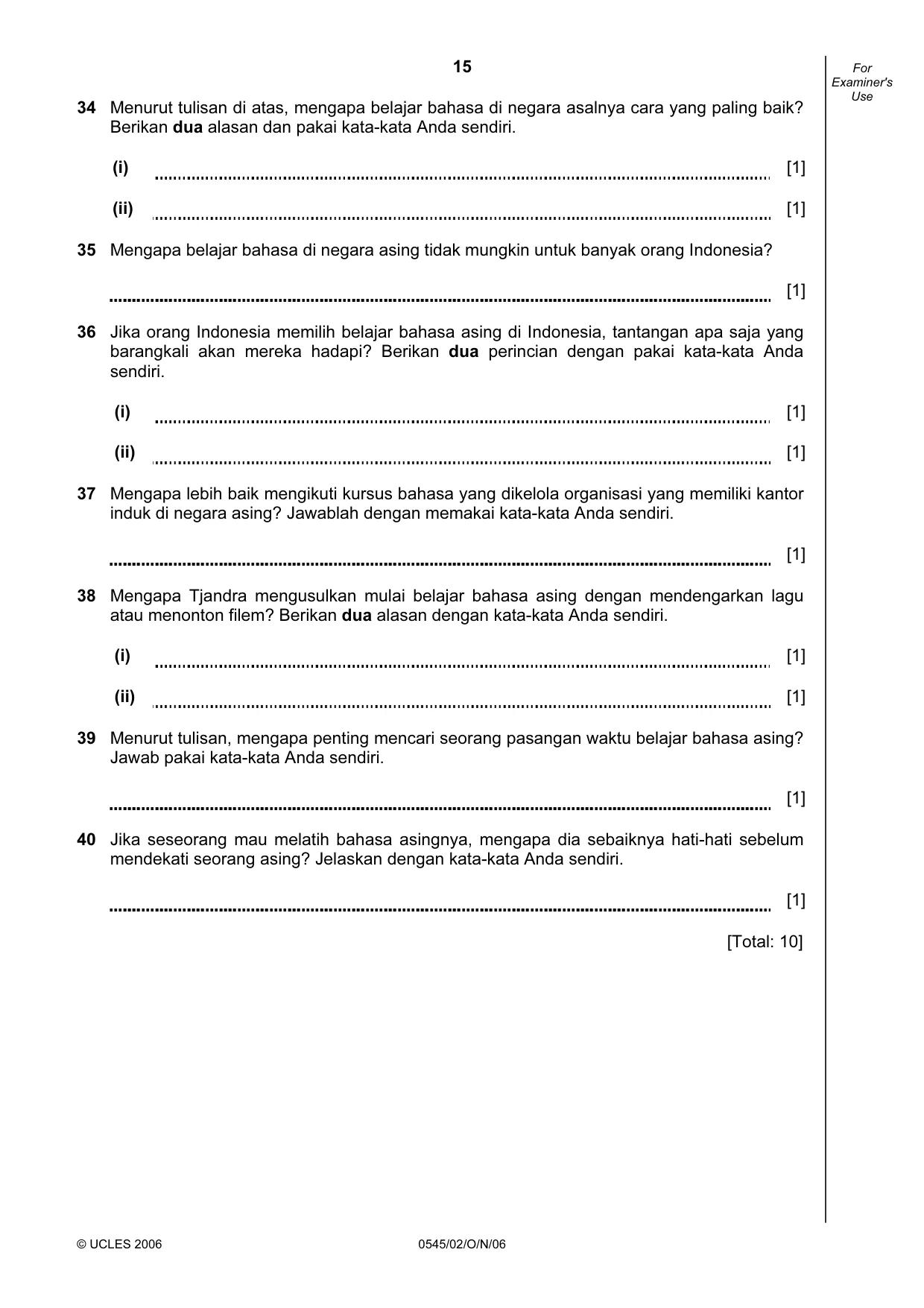 Cambridge IGCSE Indonesian - Foreign Language 0545 2006 Oct/Nov Paper 2 · Variant 1 question paper, page 15 of 16