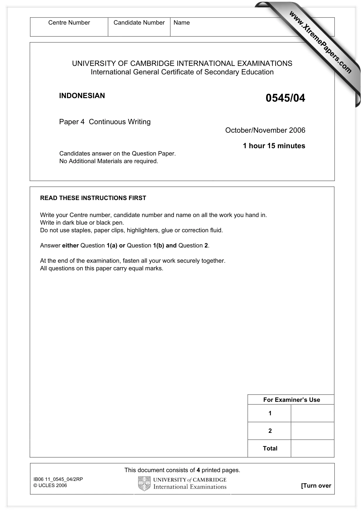 Cambridge IGCSE Indonesian - Foreign Language 0545 2006 Oct/Nov Paper 4 · Variant 1 question paper, page 1 of 4