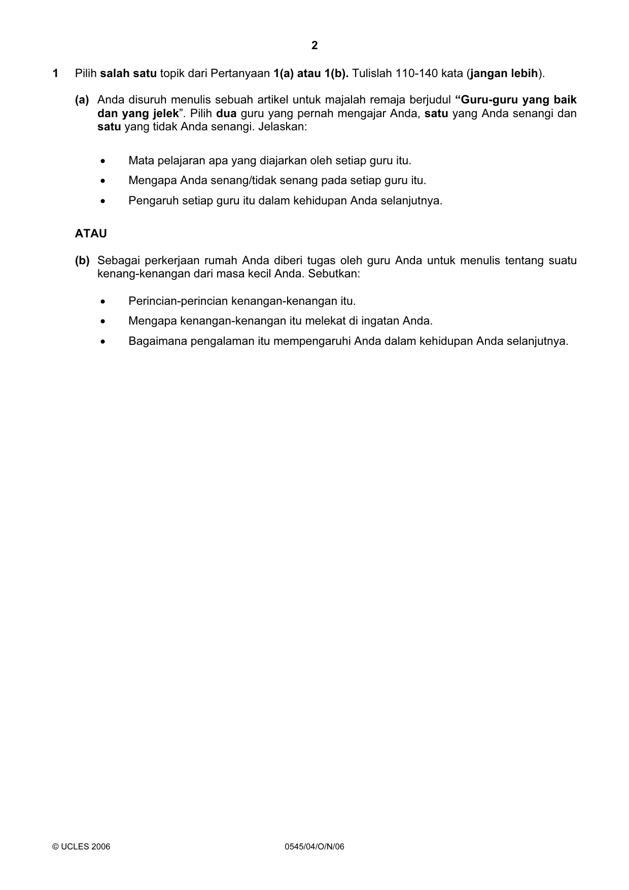 Cambridge IGCSE Indonesian - Foreign Language 0545 2006 Oct/Nov Paper 4 · Variant 1 question paper, page 2 of 4
