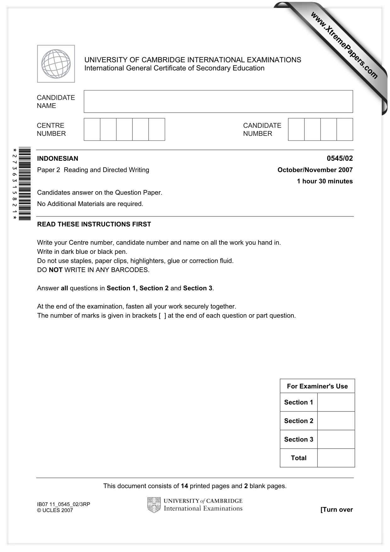 Cambridge IGCSE Indonesian - Foreign Language 0545 2007 Oct/Nov Paper 2 · Variant 1 question paper, page 1 of 16