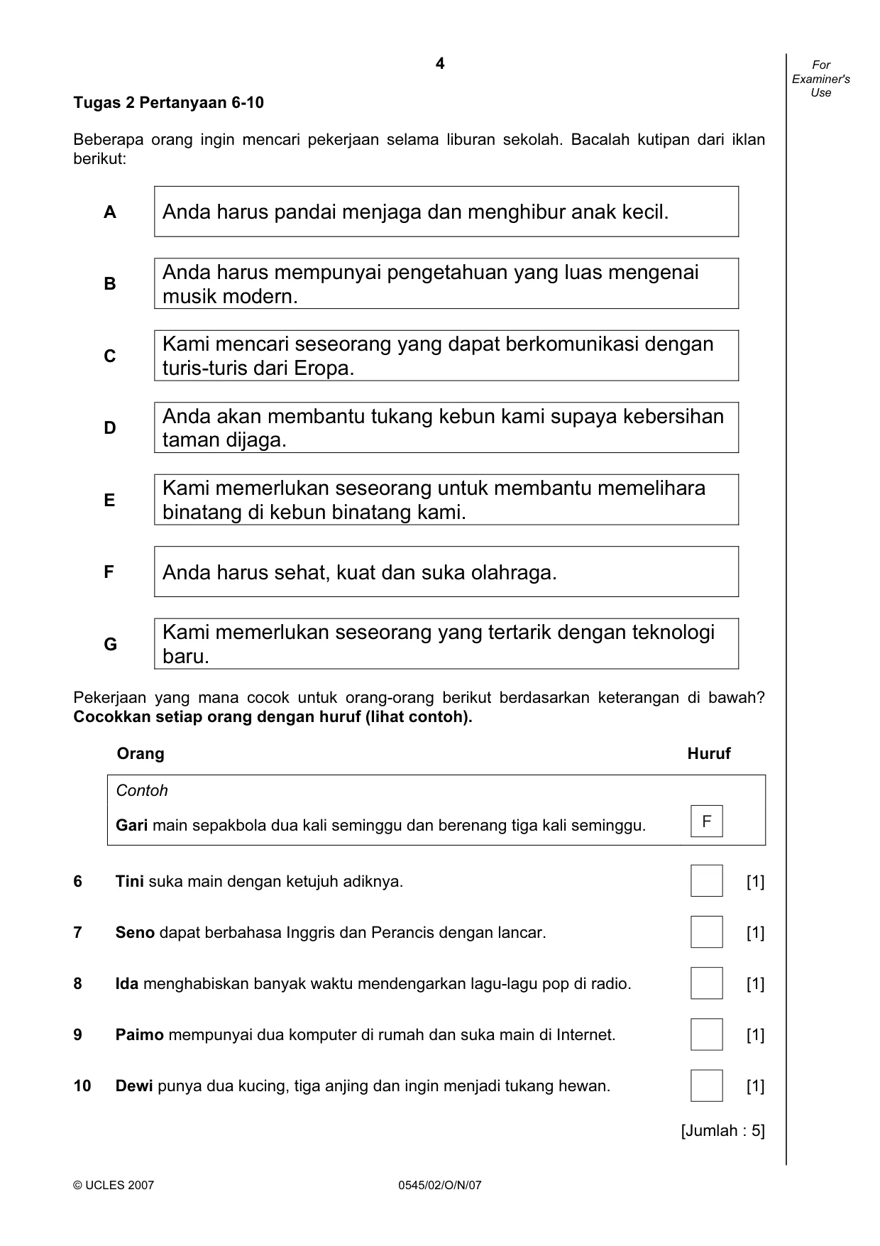 Cambridge IGCSE Indonesian - Foreign Language 0545 2007 Oct/Nov Paper 2 · Variant 1 question paper, page 4 of 16