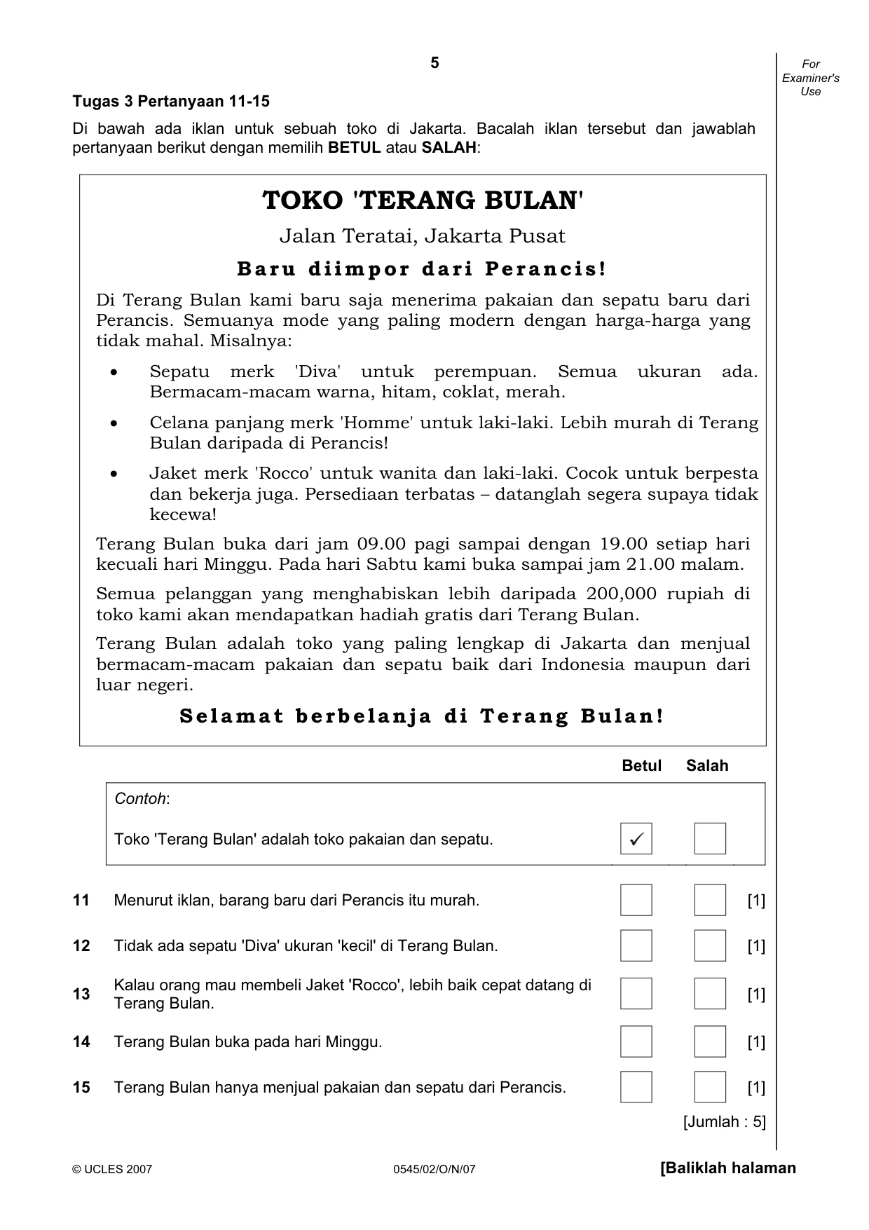 Cambridge IGCSE Indonesian - Foreign Language 0545 2007 Oct/Nov Paper 2 · Variant 1 question paper, page 5 of 16