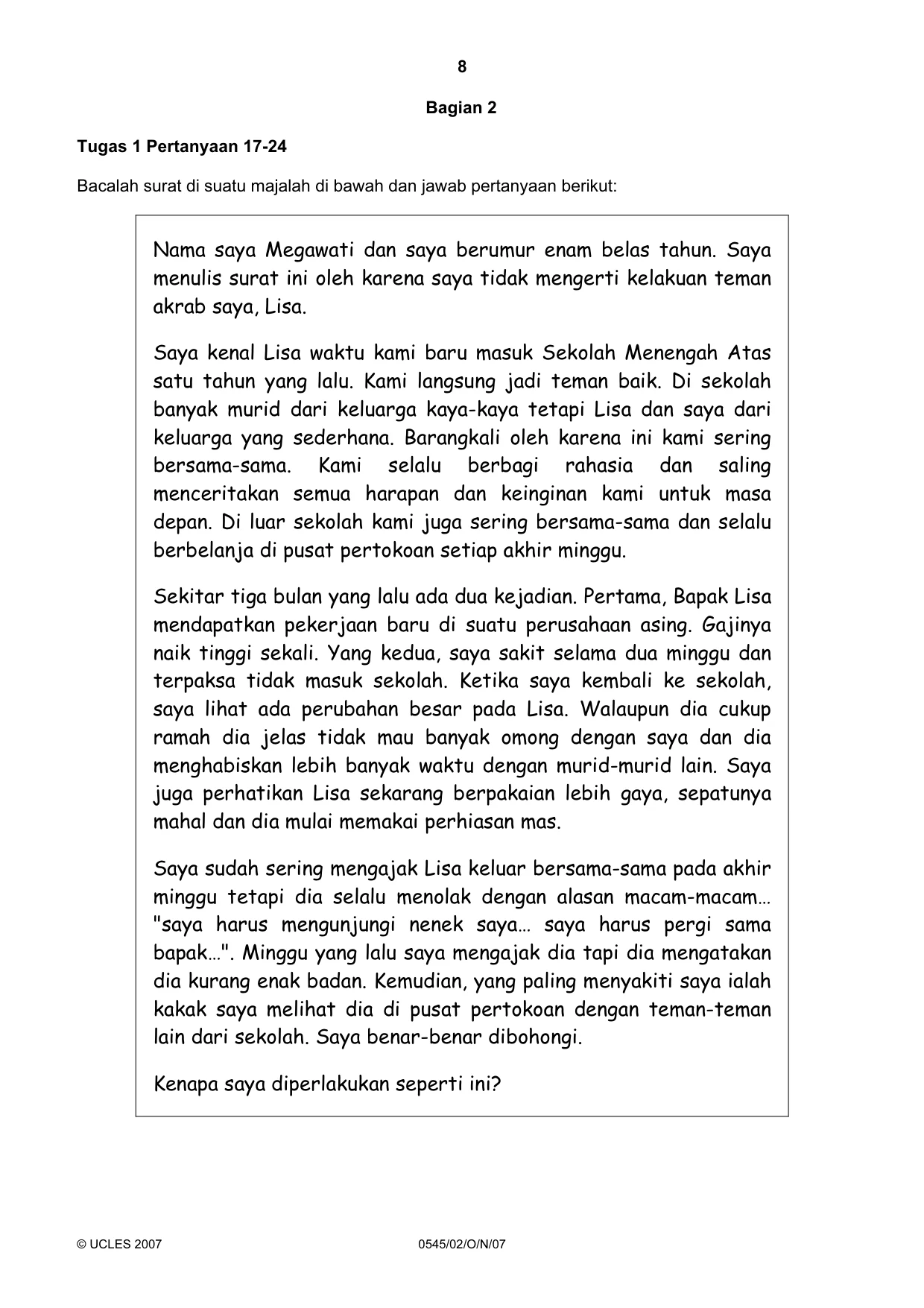 Cambridge IGCSE Indonesian - Foreign Language 0545 2007 Oct/Nov Paper 2 · Variant 1 question paper, page 8 of 16