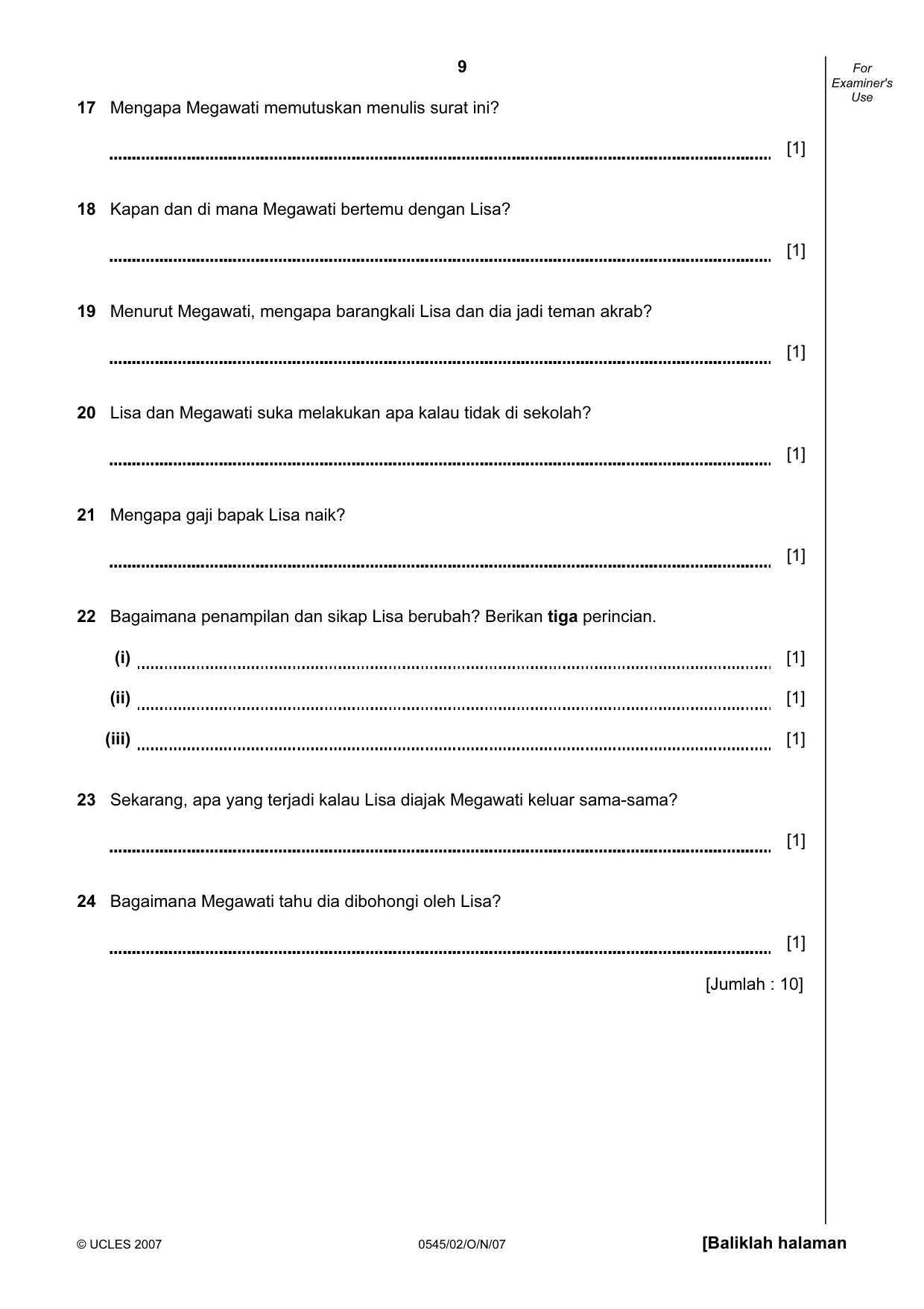 Cambridge IGCSE Indonesian - Foreign Language 0545 2007 Oct/Nov Paper 2 · Variant 1 question paper, page 9 of 16
