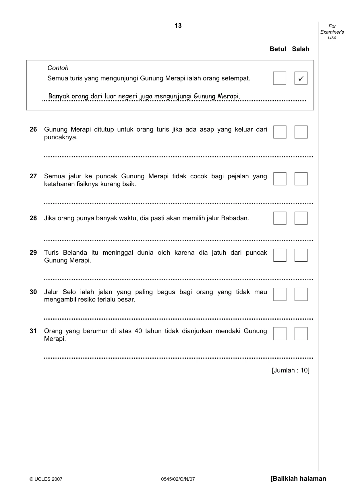 Cambridge IGCSE Indonesian - Foreign Language 0545 2007 Oct/Nov Paper 2 · Variant 1 question paper, page 13 of 16