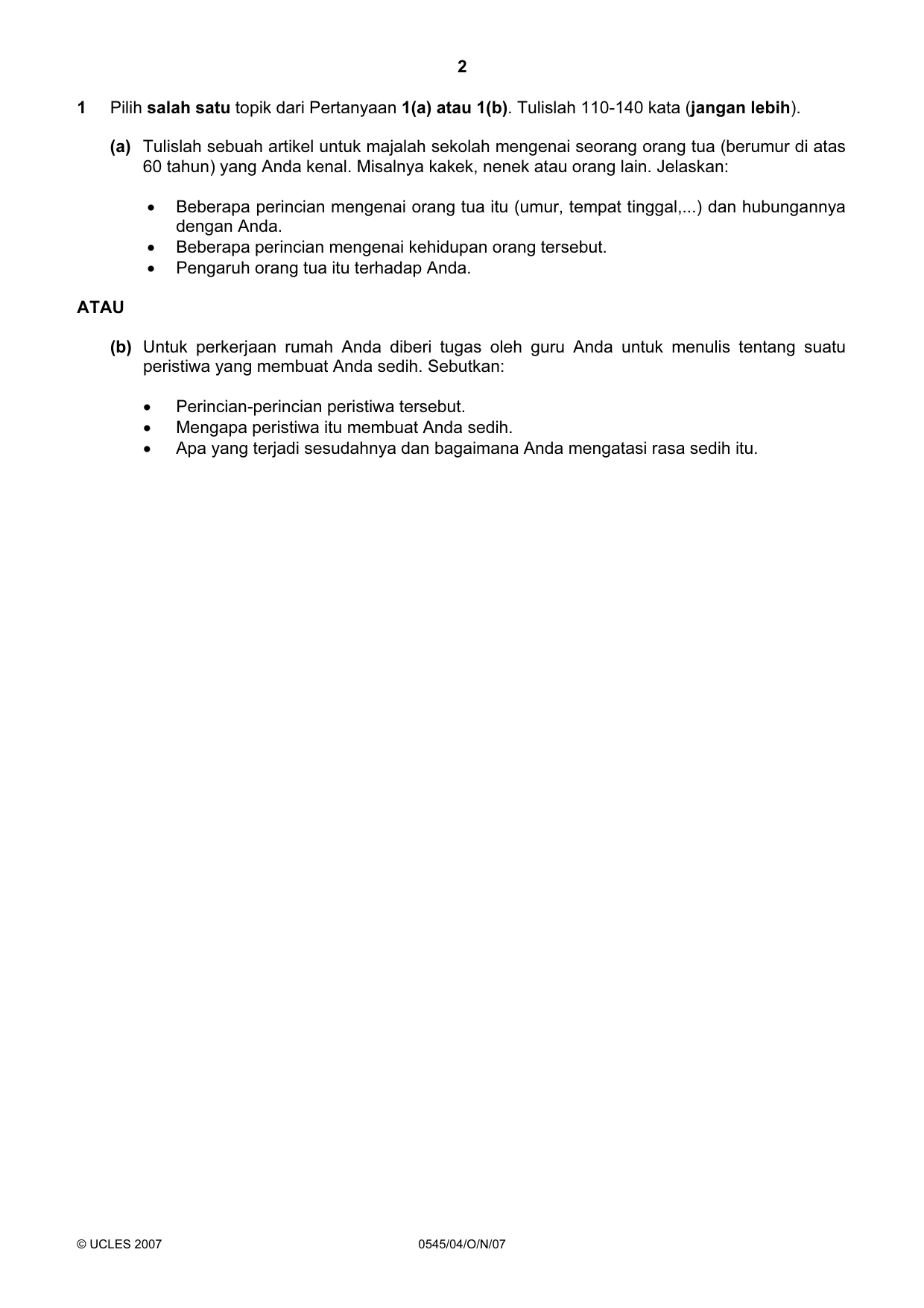Cambridge IGCSE Indonesian - Foreign Language 0545 2007 Oct/Nov Paper 4 · Variant 1 question paper, page 2 of 4