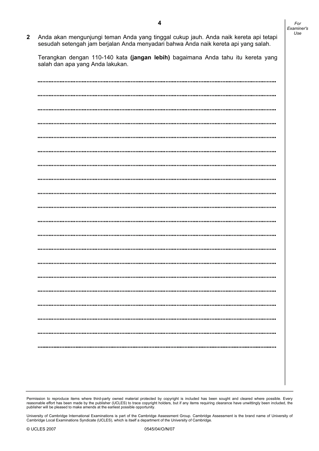Cambridge IGCSE Indonesian - Foreign Language 0545 2007 Oct/Nov Paper 4 · Variant 1 question paper, page 4 of 4