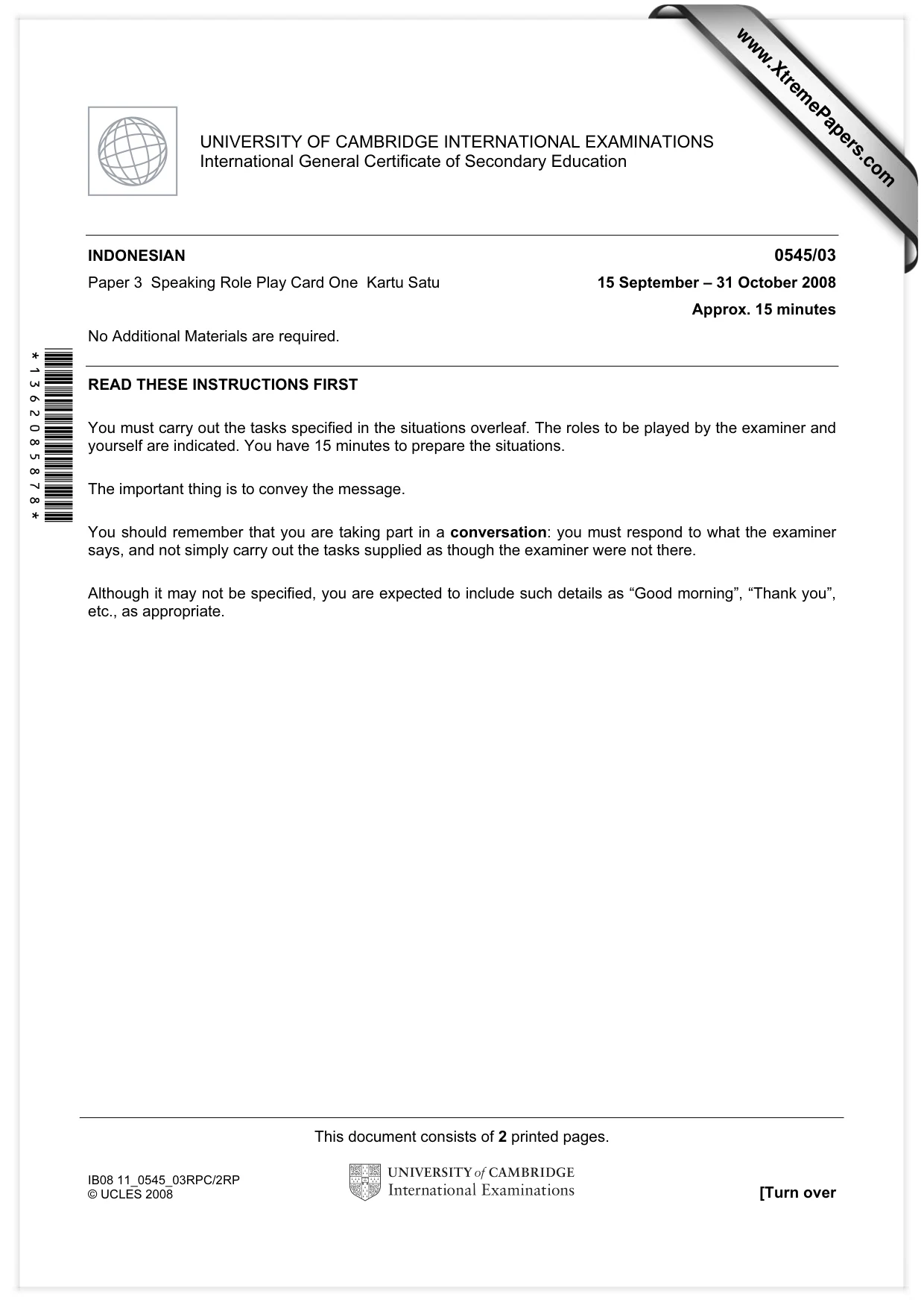 Cambridge IGCSE Indonesian - Foreign Language 0545 2008 Oct/Nov Paper 3 · Variant 0 question paper, page 1 of 18