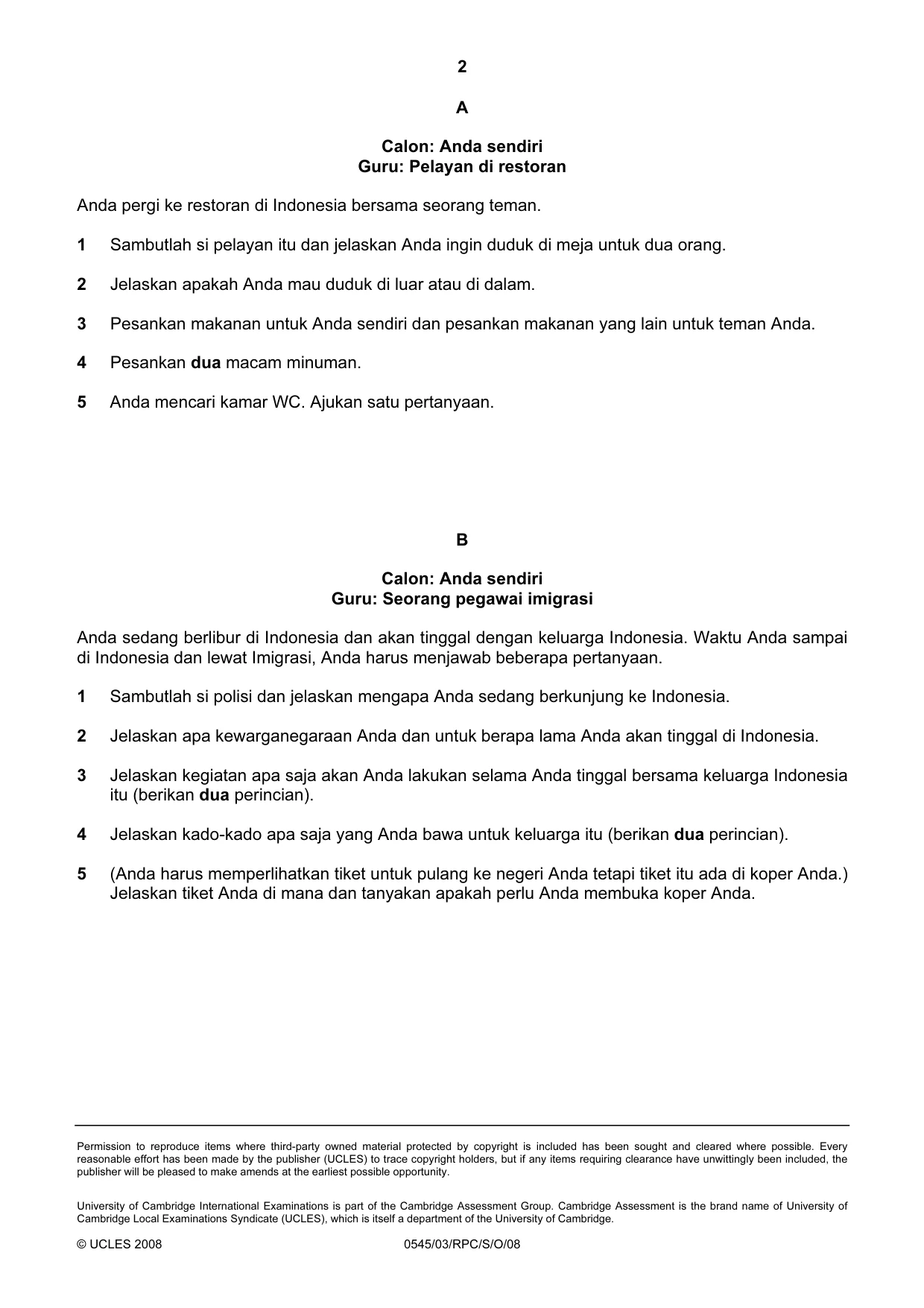 Cambridge IGCSE Indonesian - Foreign Language 0545 2008 Oct/Nov Paper 3 · Variant 0 question paper, page 2 of 18