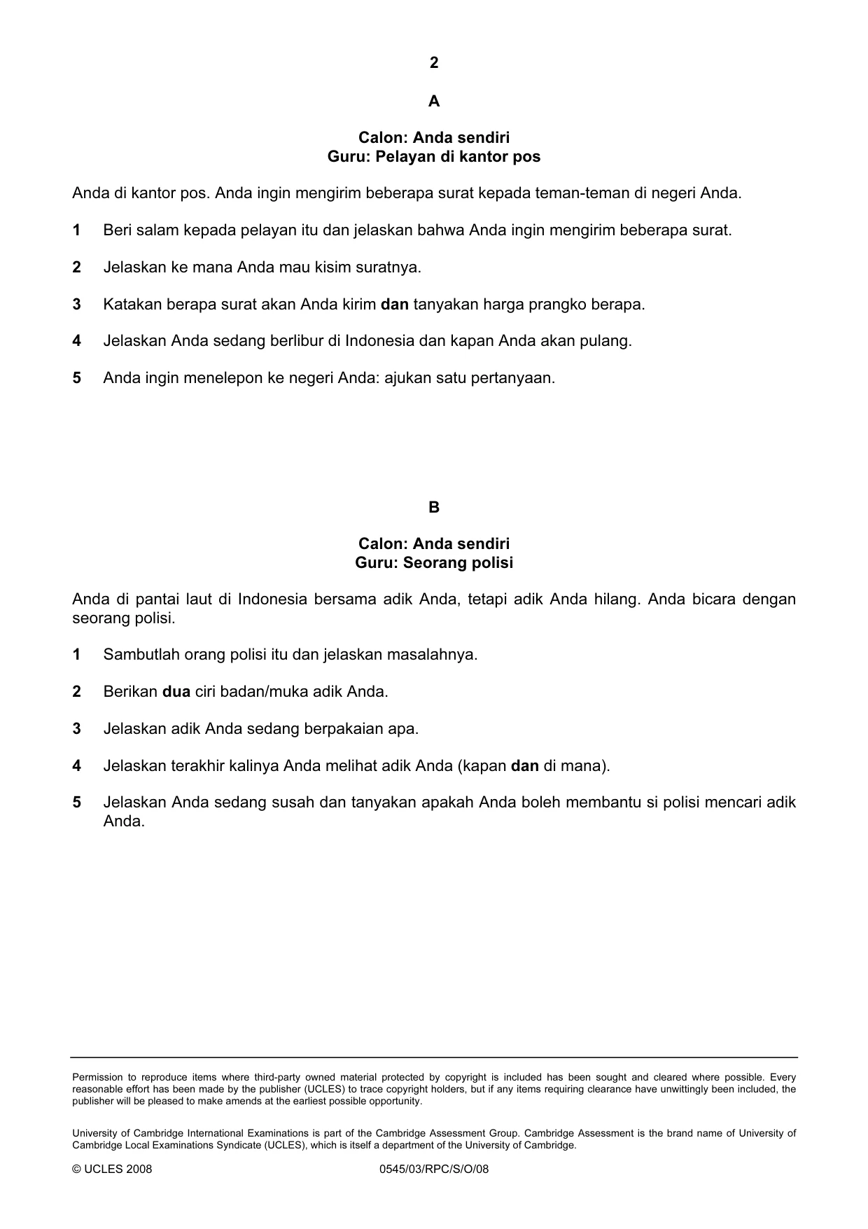 Cambridge IGCSE Indonesian - Foreign Language 0545 2008 Oct/Nov Paper 3 · Variant 0 question paper, page 16 of 18
