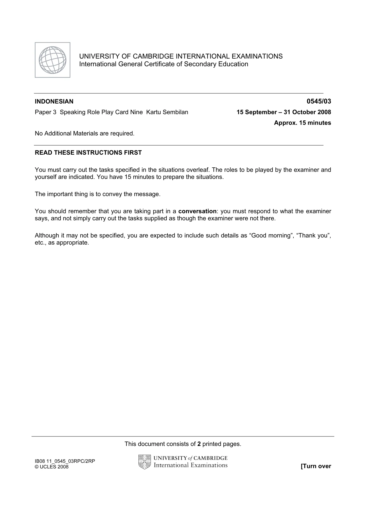 Cambridge IGCSE Indonesian - Foreign Language 0545 2008 Oct/Nov Paper 3 · Variant 0 question paper, page 17 of 18