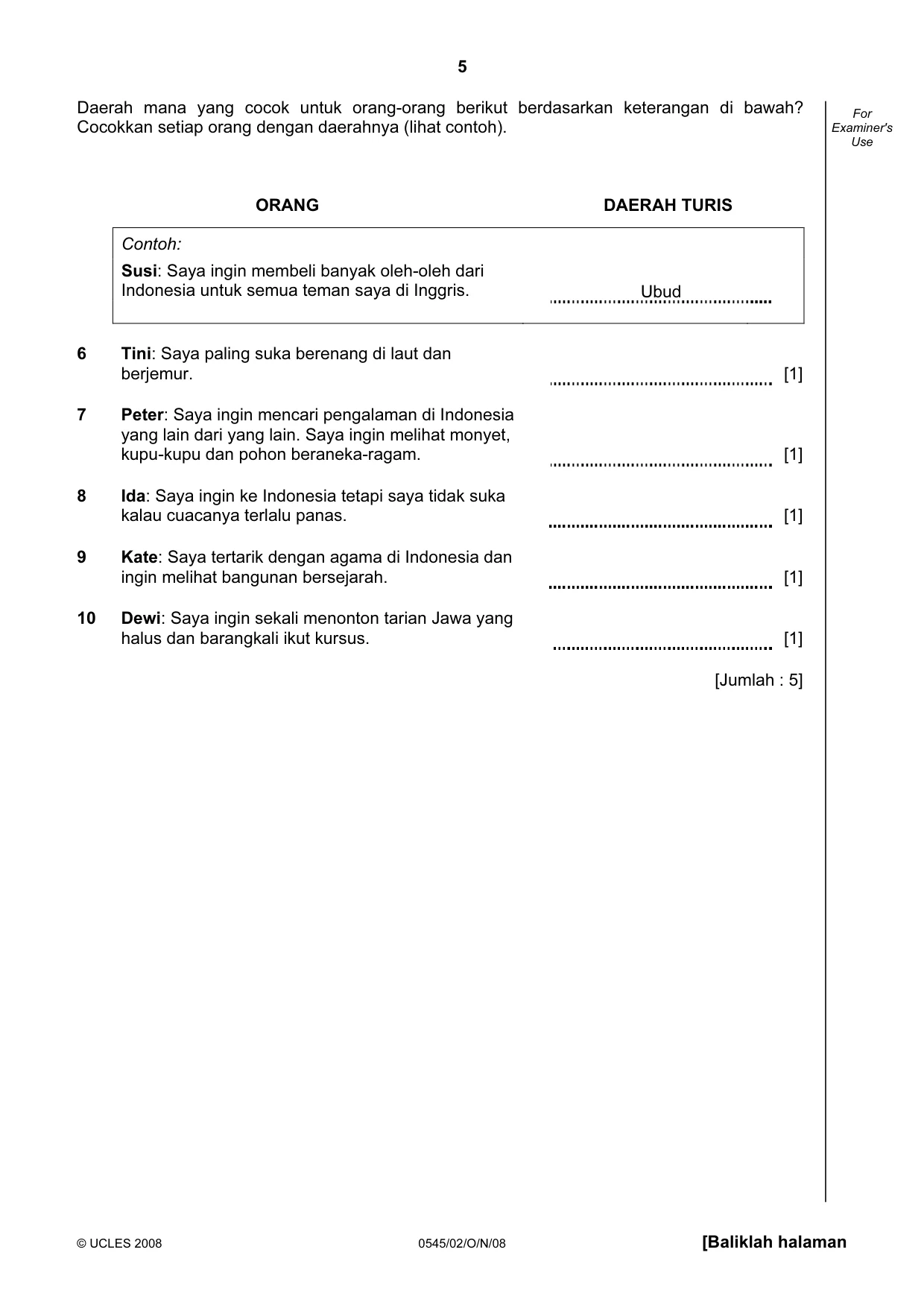 Cambridge IGCSE Indonesian - Foreign Language 0545 2008 Oct/Nov Paper 2 · Variant 1 question paper, page 5 of 16