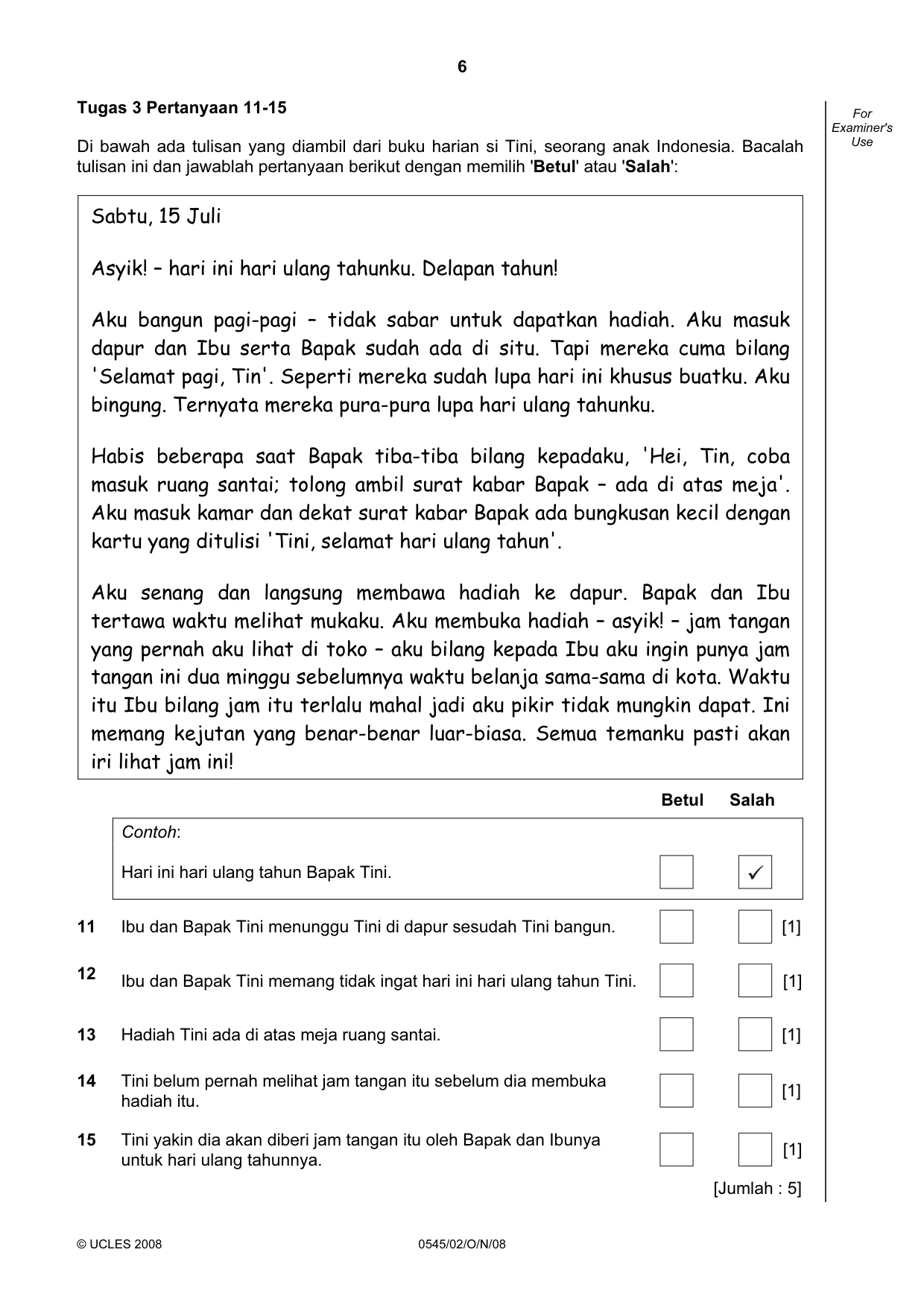 Cambridge IGCSE Indonesian - Foreign Language 0545 2008 Oct/Nov Paper 2 · Variant 1 question paper, page 6 of 16