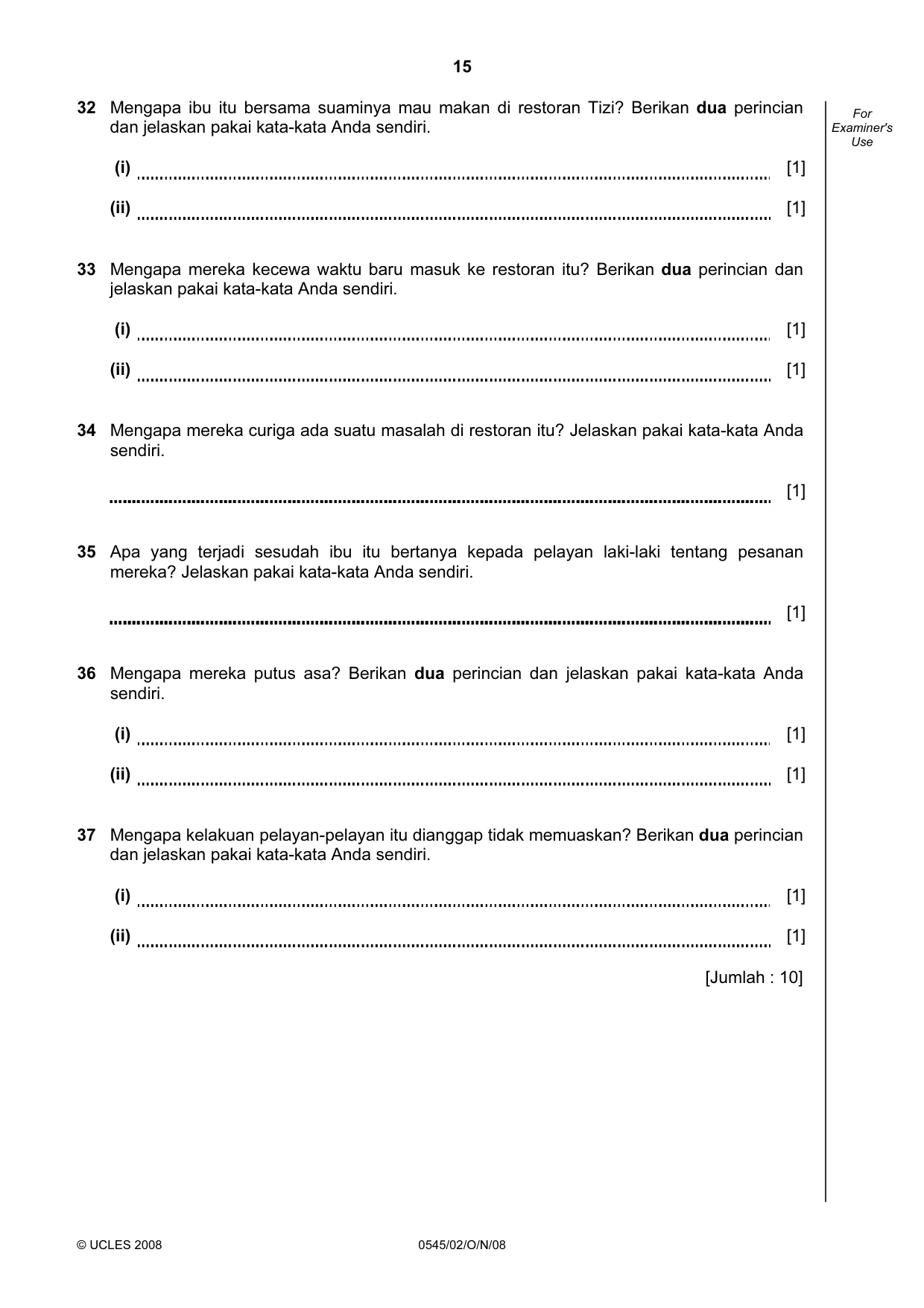 Cambridge IGCSE Indonesian - Foreign Language 0545 2008 Oct/Nov Paper 2 · Variant 1 question paper, page 15 of 16