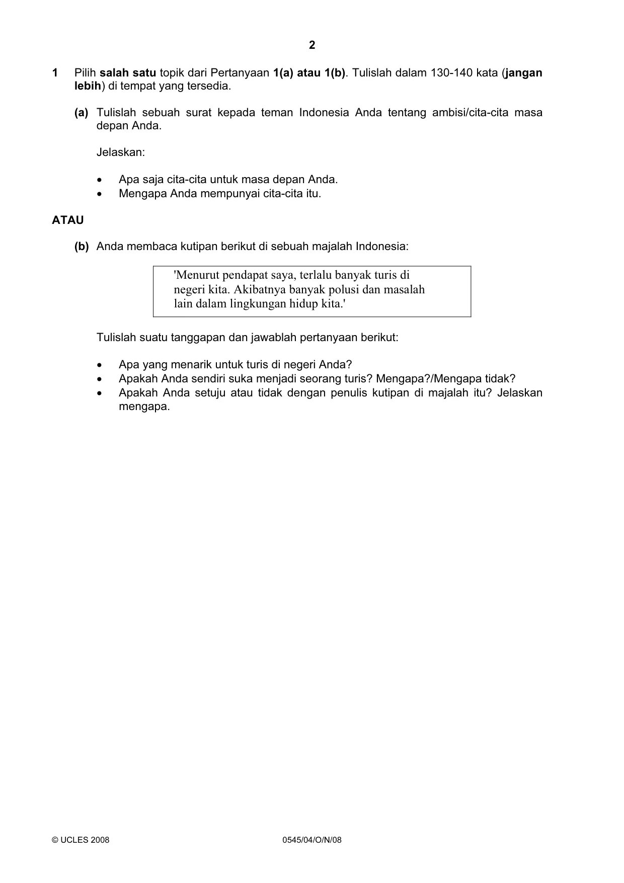 Cambridge IGCSE Indonesian - Foreign Language 0545 2008 Oct/Nov Paper 4 · Variant 1 question paper, page 2 of 4