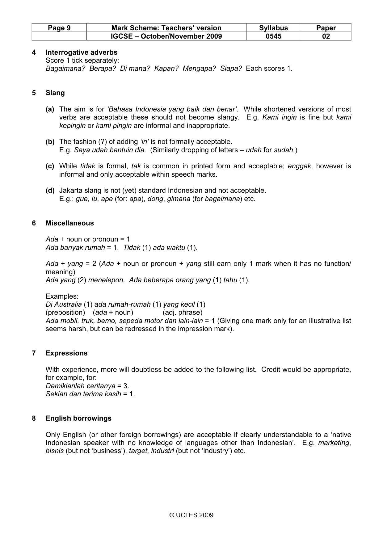 Mark scheme, page 9 of 10