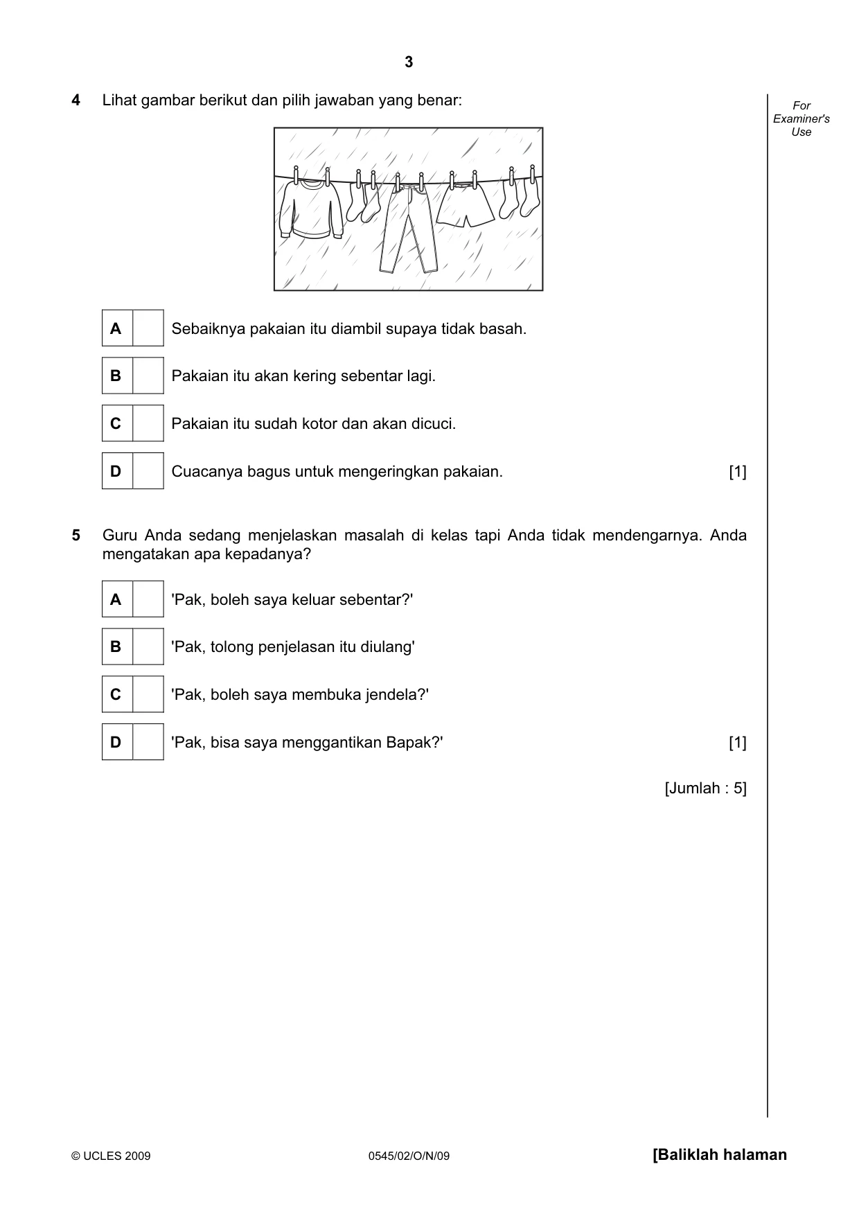 Cambridge IGCSE Indonesian - Foreign Language 0545 2009 Oct/Nov Paper 2 · Variant 1 question paper, page 3 of 16