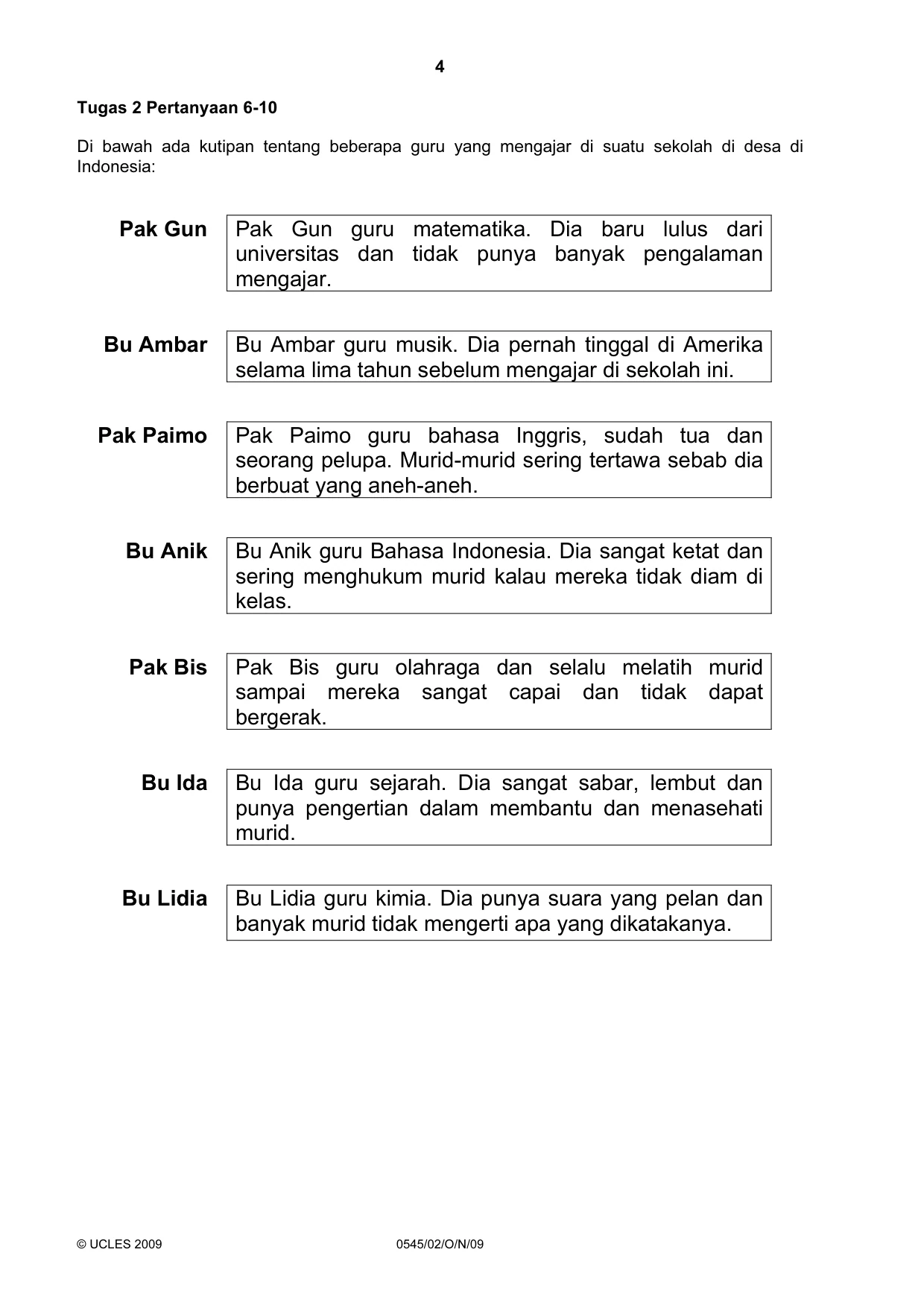 Cambridge IGCSE Indonesian - Foreign Language 0545 2009 Oct/Nov Paper 2 · Variant 1 question paper, page 4 of 16