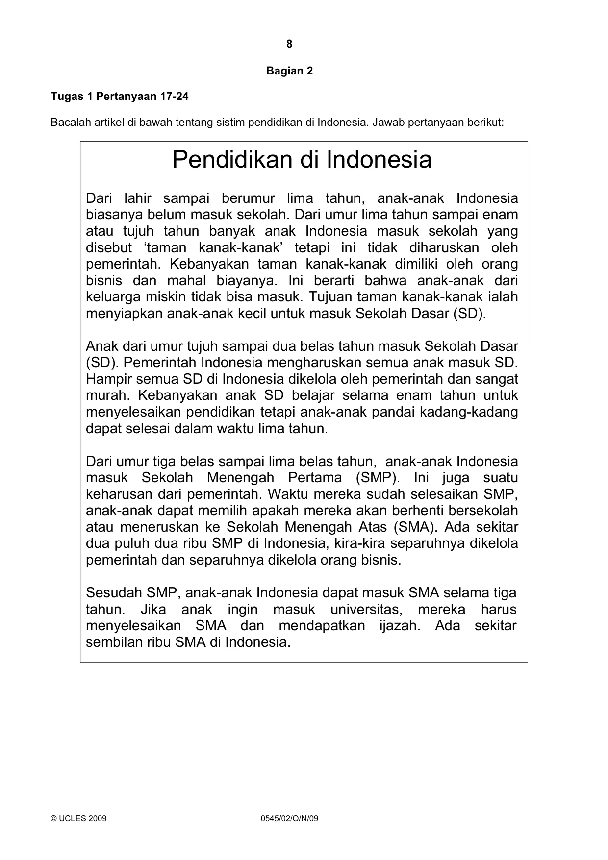 Cambridge IGCSE Indonesian - Foreign Language 0545 2009 Oct/Nov Paper 2 · Variant 1 question paper, page 8 of 16