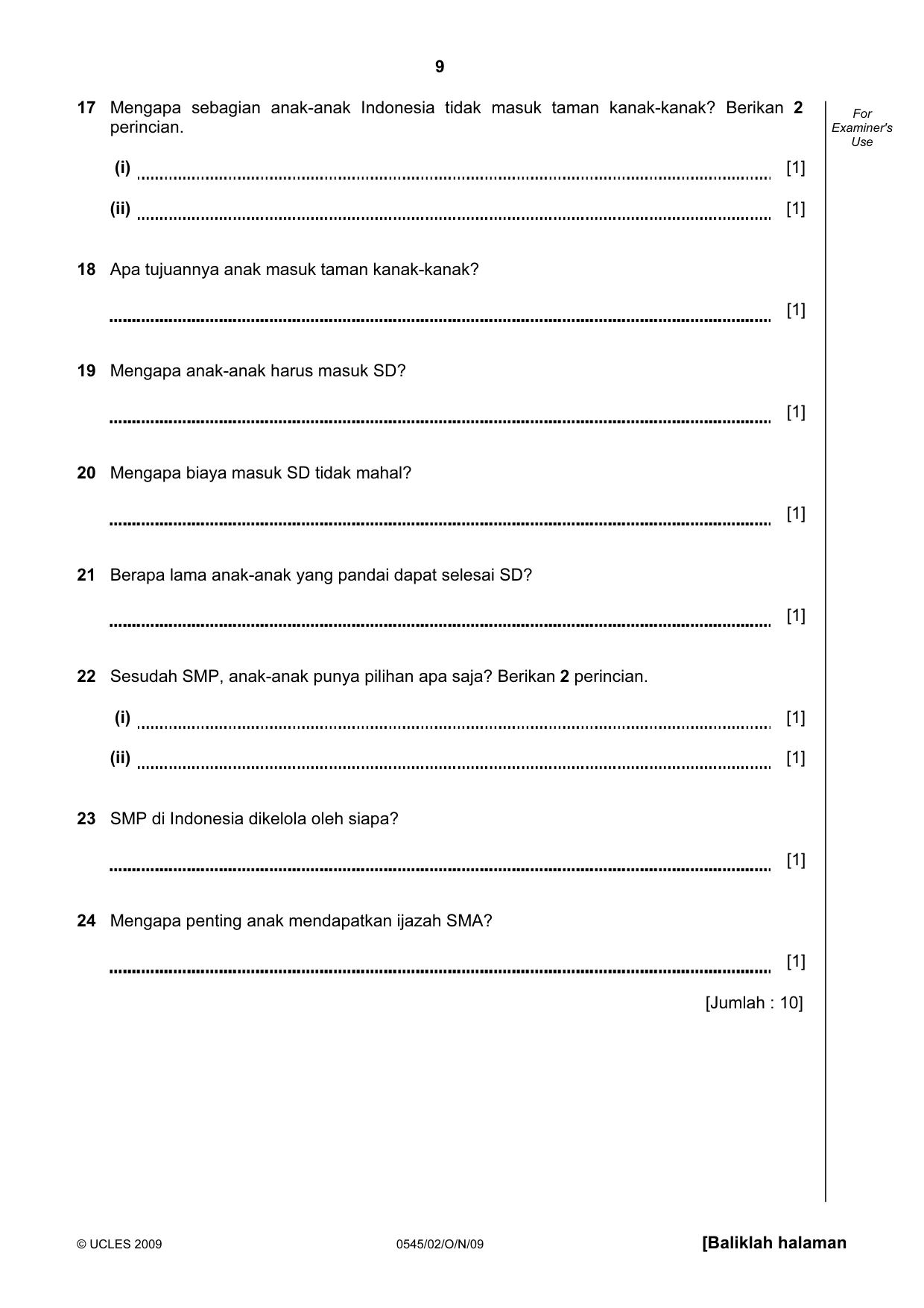 Cambridge IGCSE Indonesian - Foreign Language 0545 2009 Oct/Nov Paper 2 · Variant 1 question paper, page 9 of 16