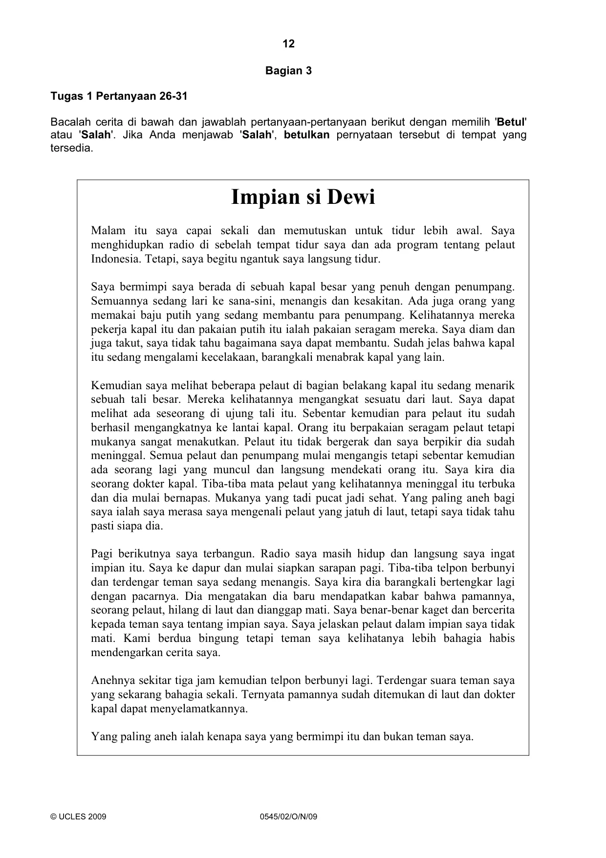 Cambridge IGCSE Indonesian - Foreign Language 0545 2009 Oct/Nov Paper 2 · Variant 1 question paper, page 12 of 16