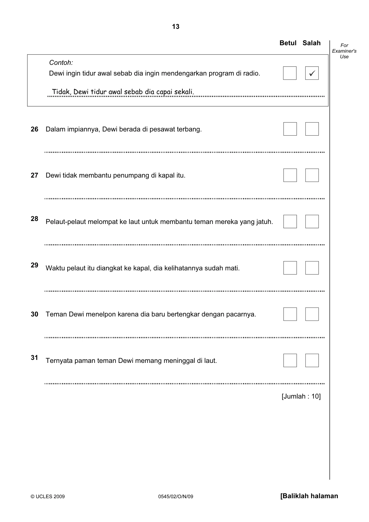 Cambridge IGCSE Indonesian - Foreign Language 0545 2009 Oct/Nov Paper 2 · Variant 1 question paper, page 13 of 16