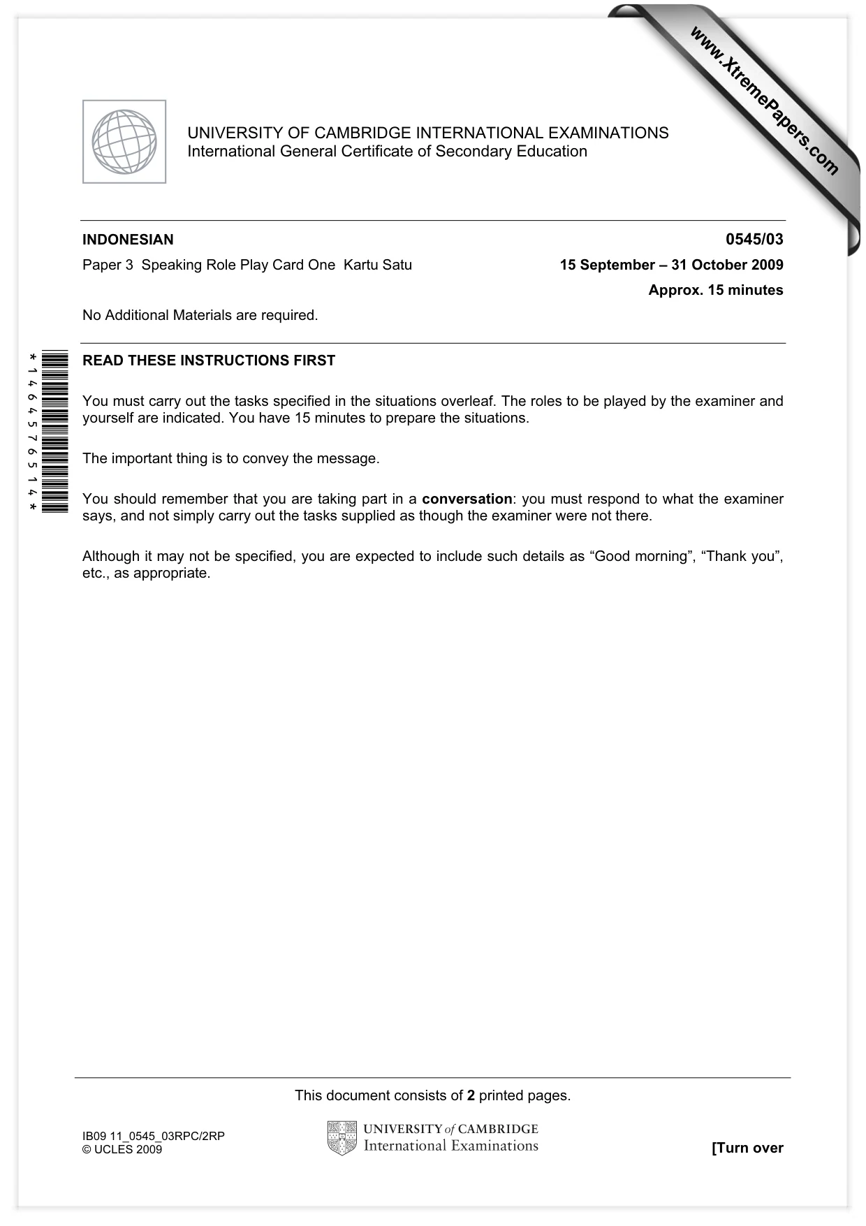 Cambridge IGCSE Indonesian - Foreign Language 0545 2009 Oct/Nov Paper 3 · Variant 1 question paper, page 1 of 18