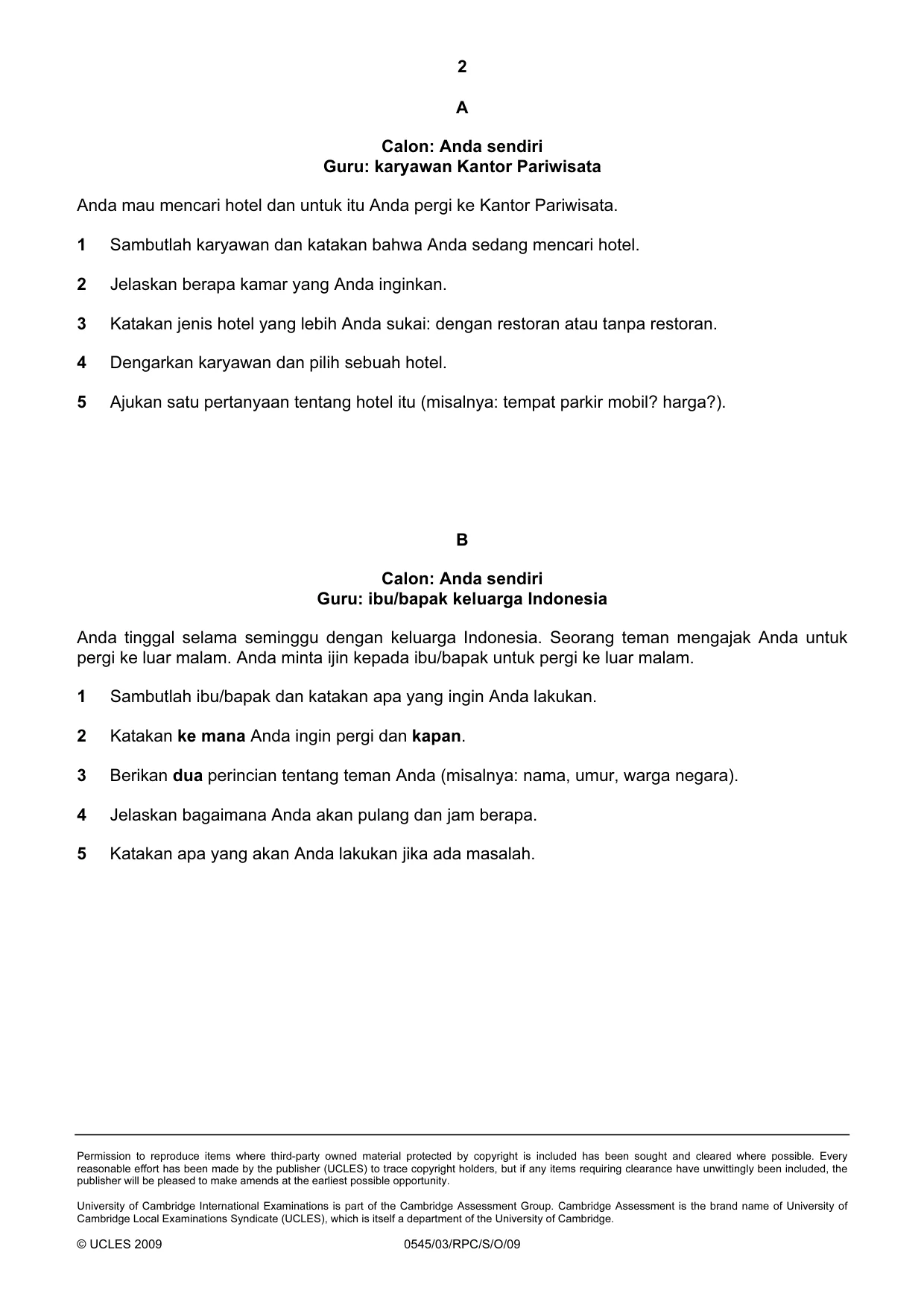 Cambridge IGCSE Indonesian - Foreign Language 0545 2009 Oct/Nov Paper 3 · Variant 1 question paper, page 2 of 18