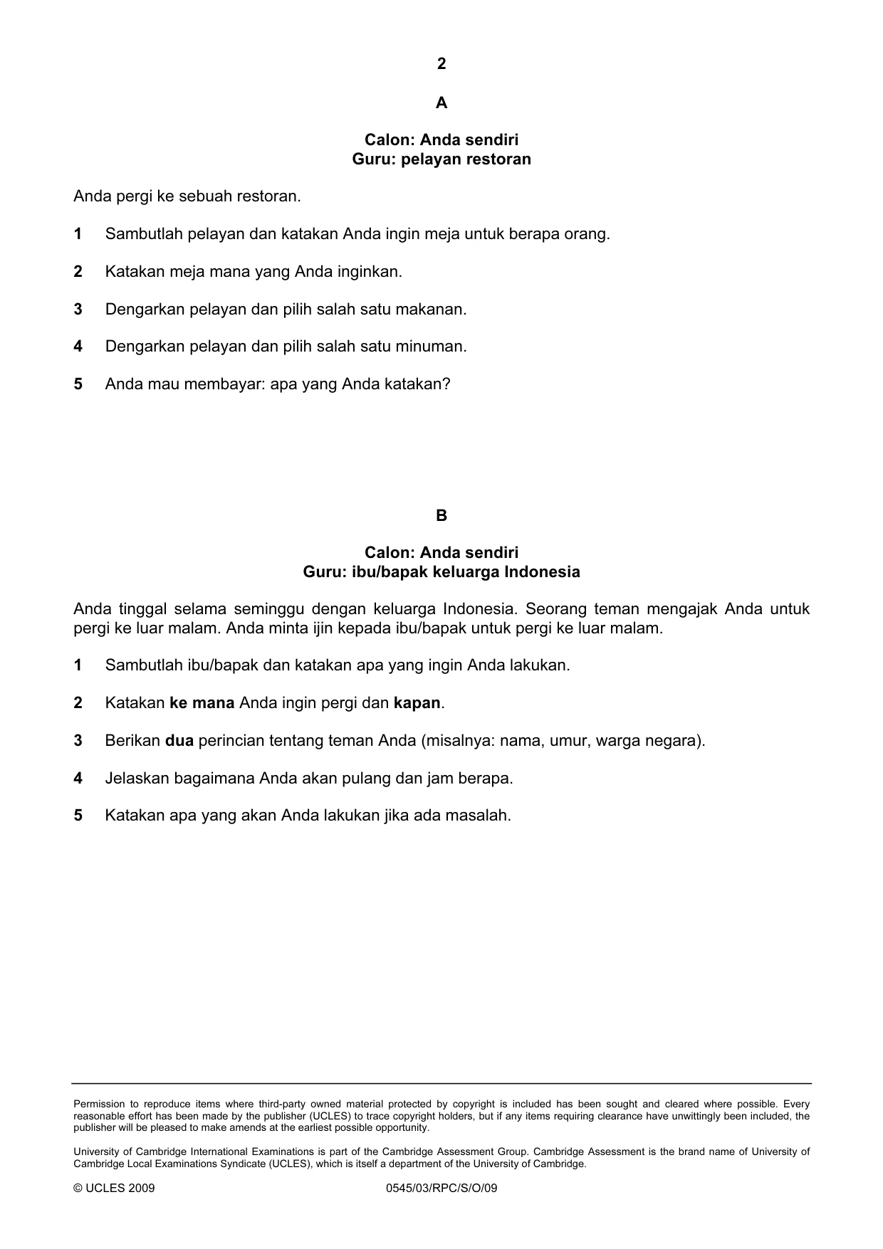 Cambridge IGCSE Indonesian - Foreign Language 0545 2009 Oct/Nov Paper 3 · Variant 1 question paper, page 8 of 18