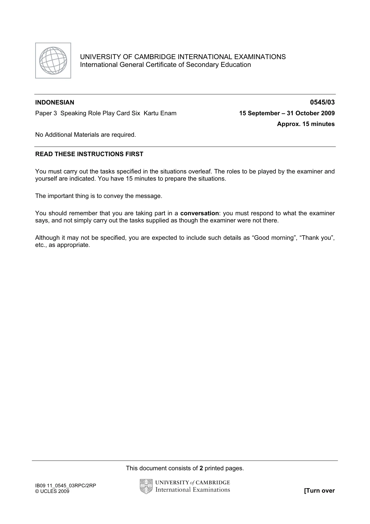 Cambridge IGCSE Indonesian - Foreign Language 0545 2009 Oct/Nov Paper 3 · Variant 1 question paper, page 11 of 18