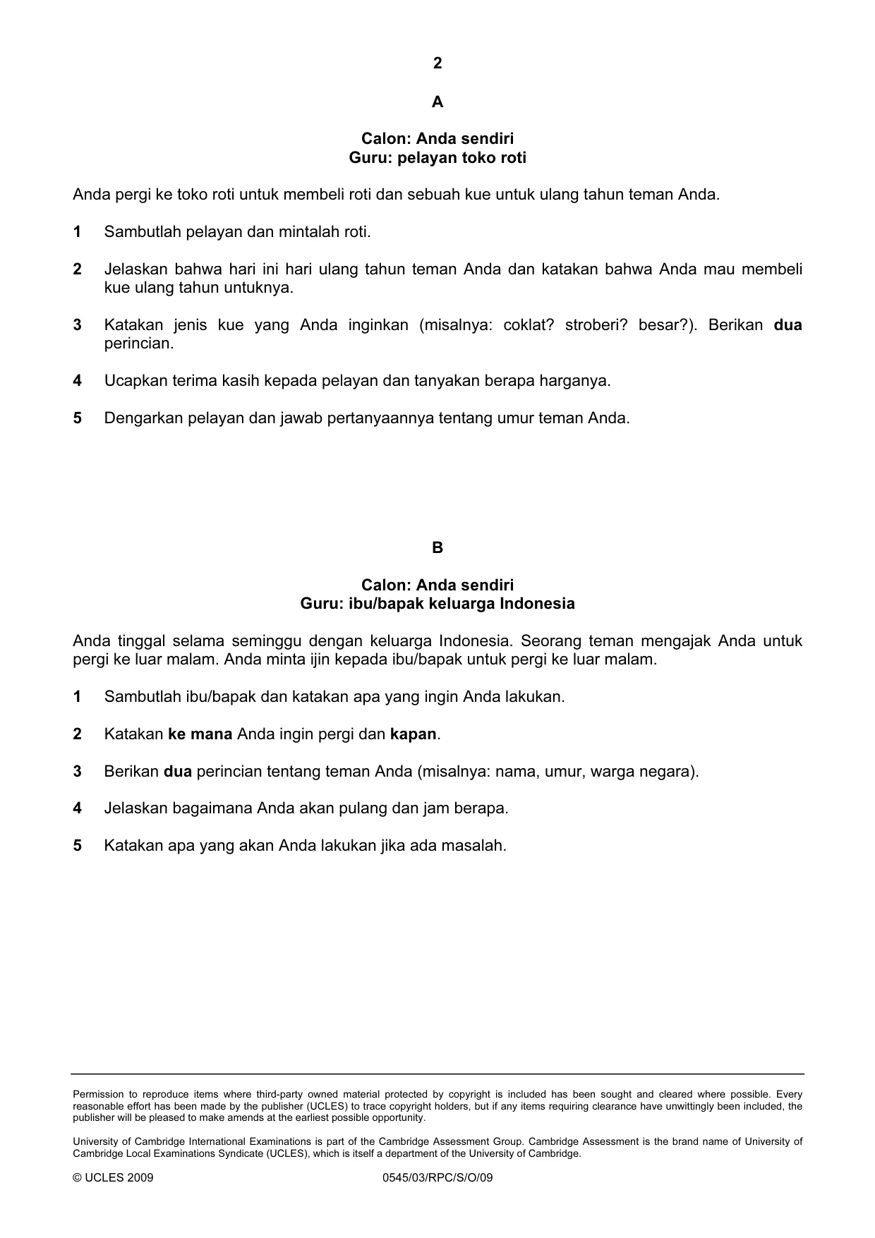 Cambridge IGCSE Indonesian - Foreign Language 0545 2009 Oct/Nov Paper 3 · Variant 1 question paper, page 14 of 18