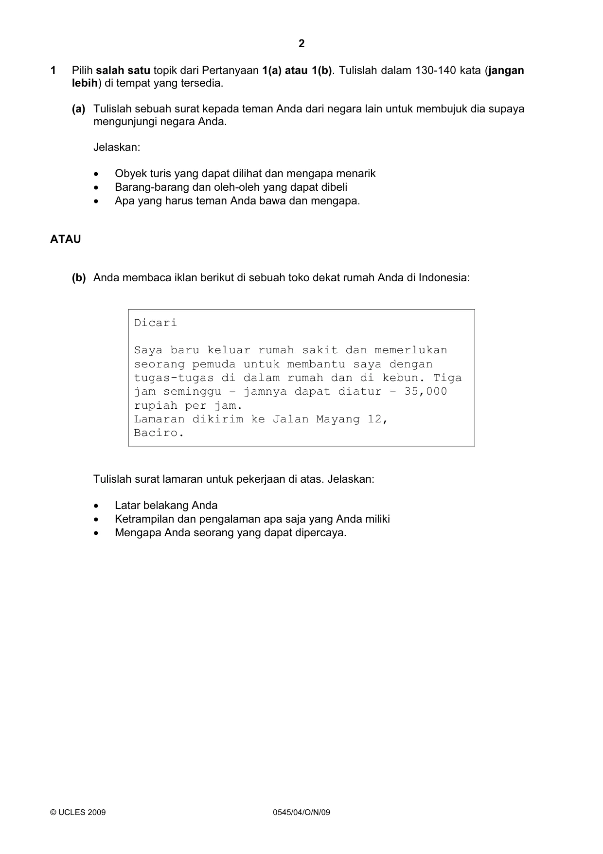 Cambridge IGCSE Indonesian - Foreign Language 0545 2009 Oct/Nov Paper 4 · Variant 1 question paper, page 2 of 4