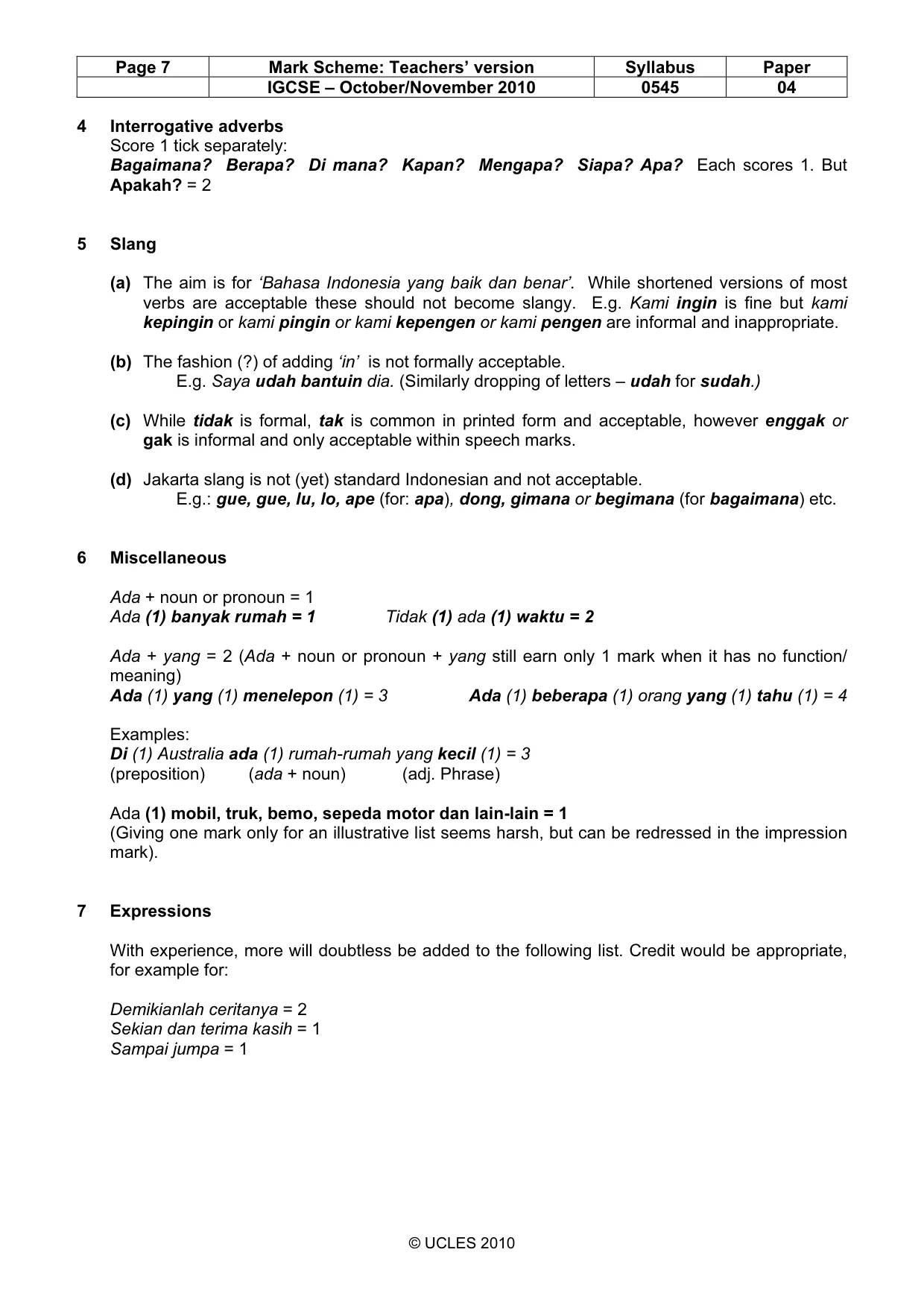 Mark scheme, page 7 of 10