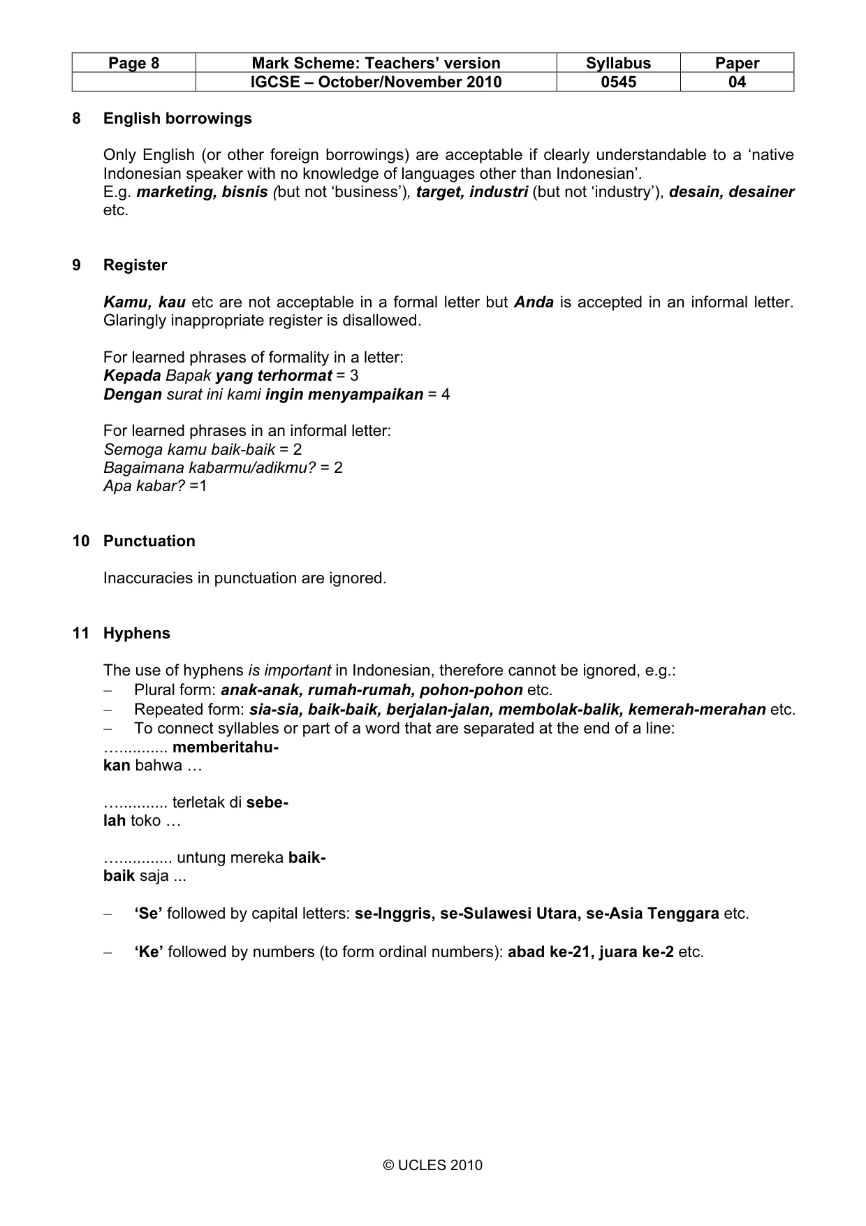 Mark scheme, page 8 of 10