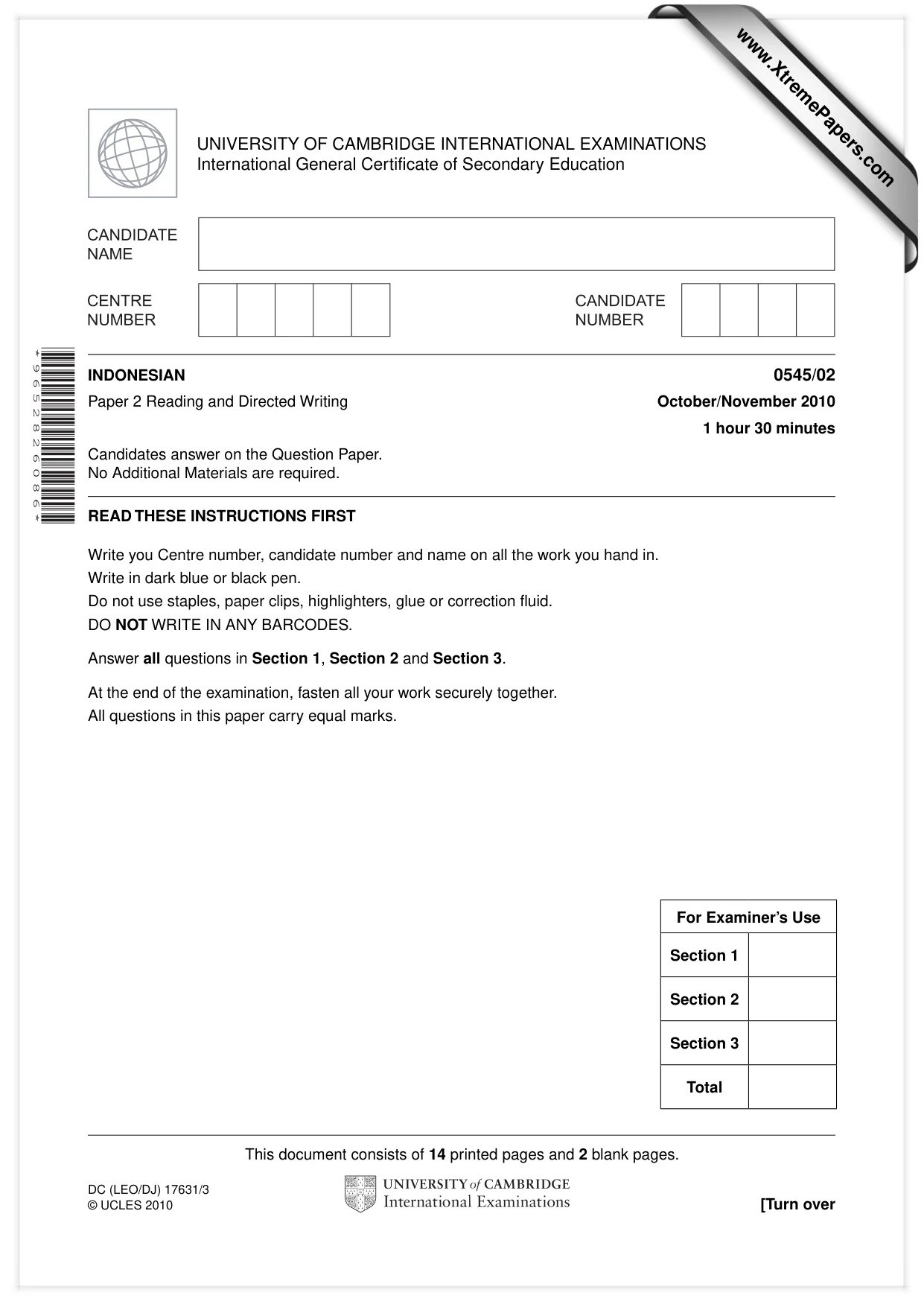 Cambridge IGCSE Indonesian - Foreign Language 0545 2010 Oct/Nov Paper 2 · Variant 1 question paper, page 1 of 16