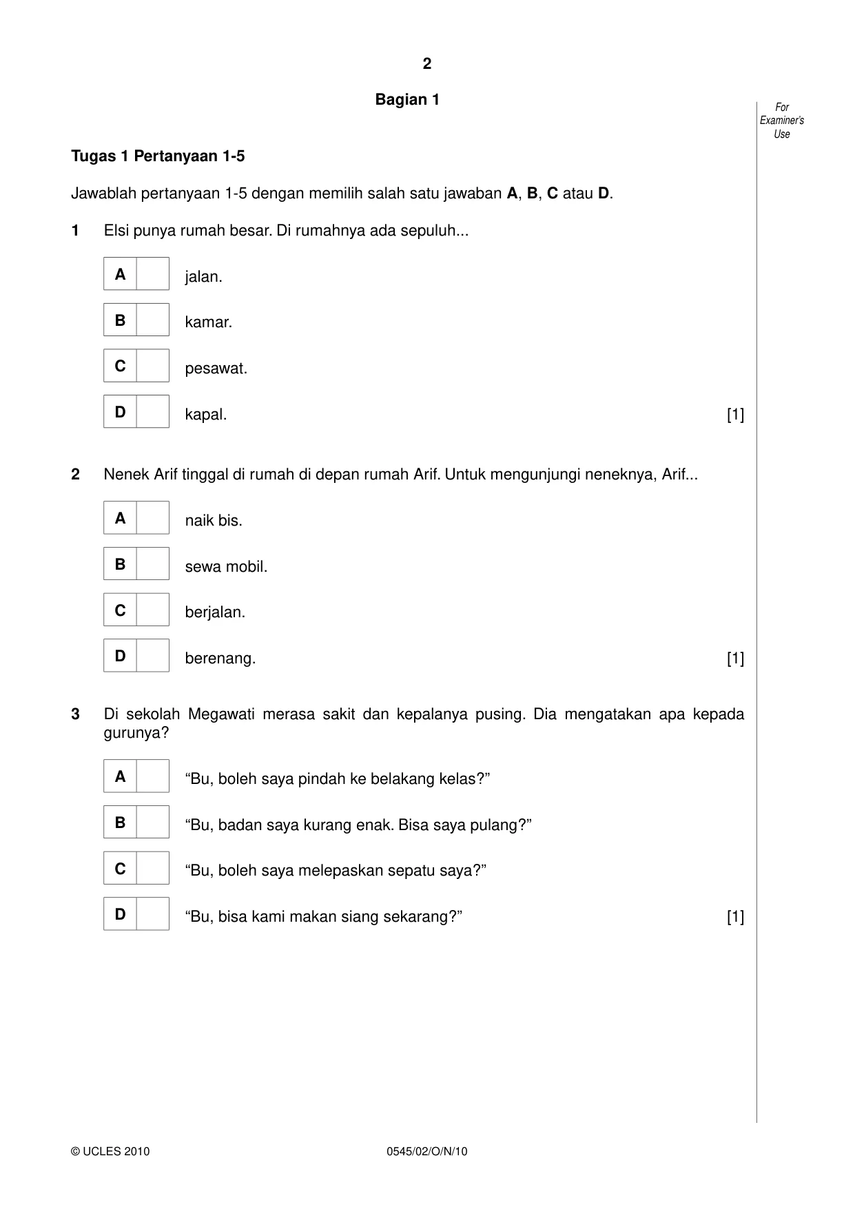 Cambridge IGCSE Indonesian - Foreign Language 0545 2010 Oct/Nov Paper 2 · Variant 1 question paper, page 2 of 16