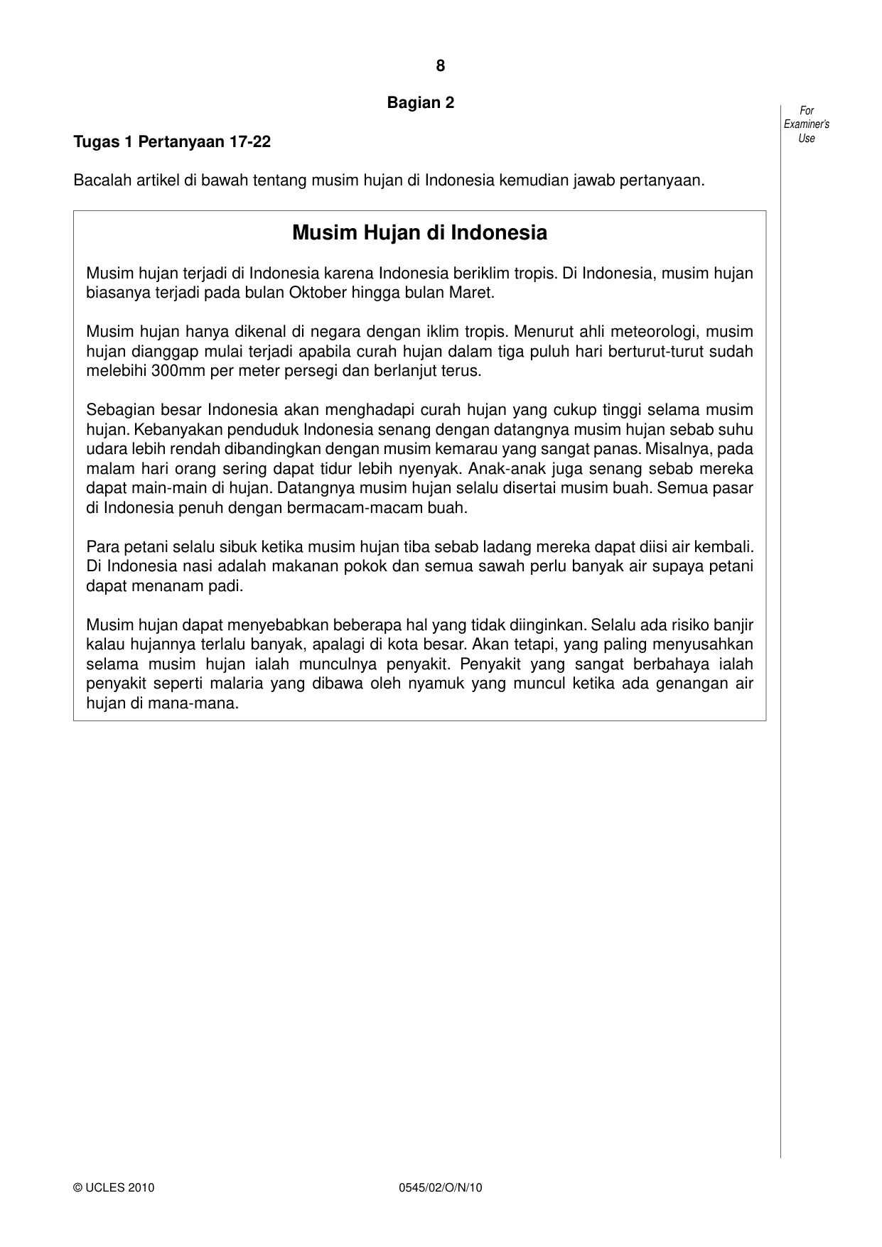 Cambridge IGCSE Indonesian - Foreign Language 0545 2010 Oct/Nov Paper 2 · Variant 1 question paper, page 8 of 16