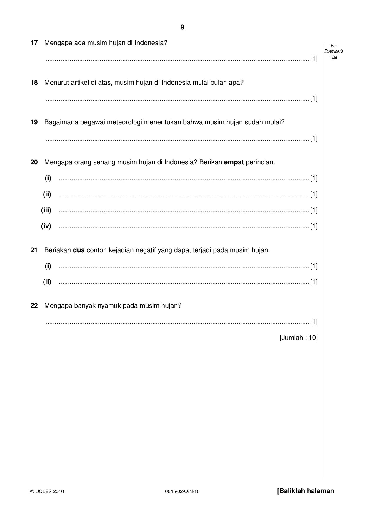 Cambridge IGCSE Indonesian - Foreign Language 0545 2010 Oct/Nov Paper 2 · Variant 1 question paper, page 9 of 16